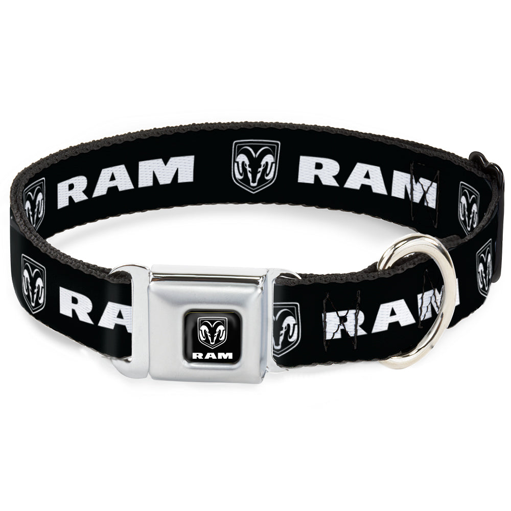 Ram Shield Logo Full Color Black/White Seatbelt Buckle Collar - RAM Shield Logo/Bold Text Black/White Seatbelt Buckle Collars Dodge