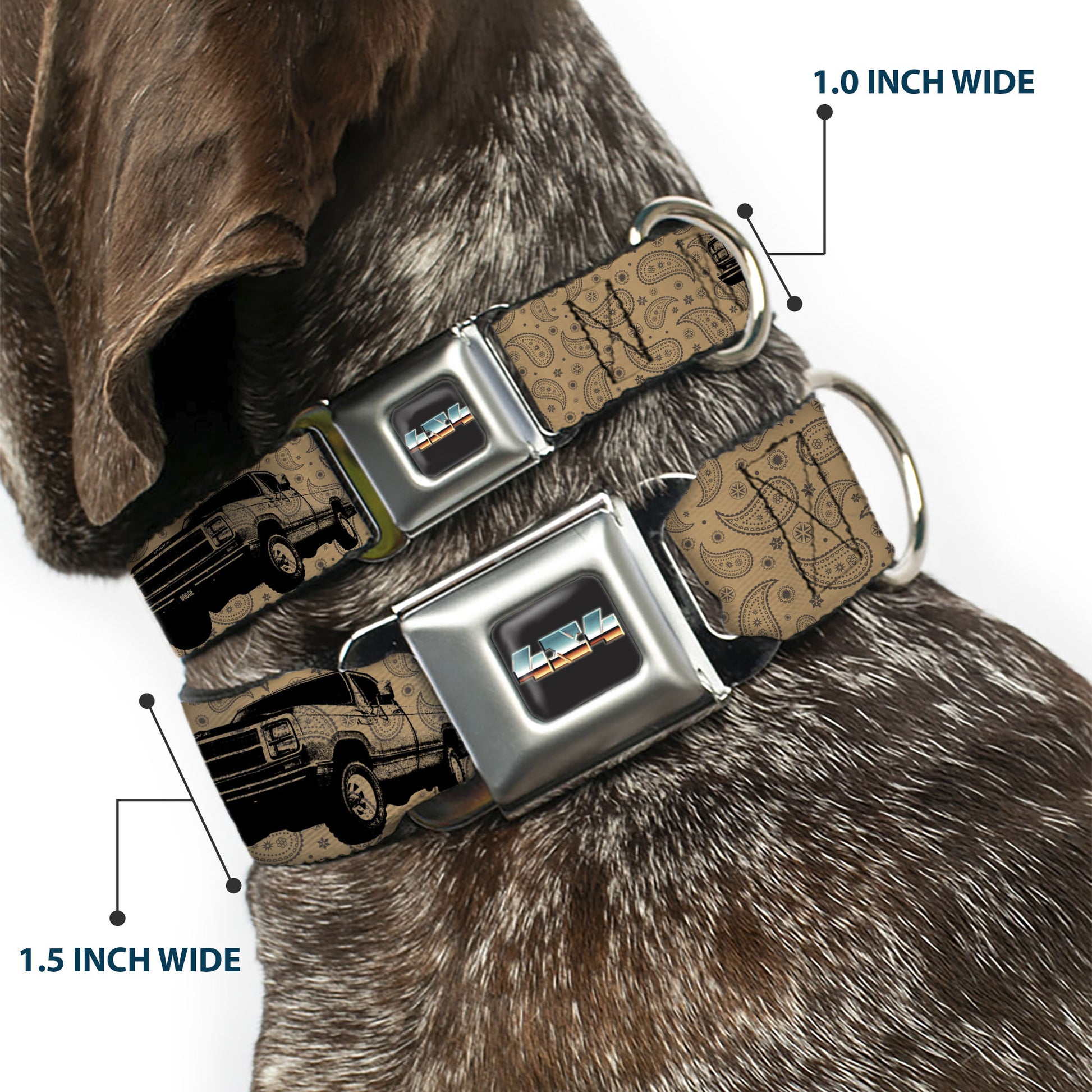 Dodge 4x4 Text Logo Full Color Black Seatbelt Buckle Collar - Dodge Power Wagon Truck 4x4 Paisley Tan/Black Seatbelt Buckle Collars Ram