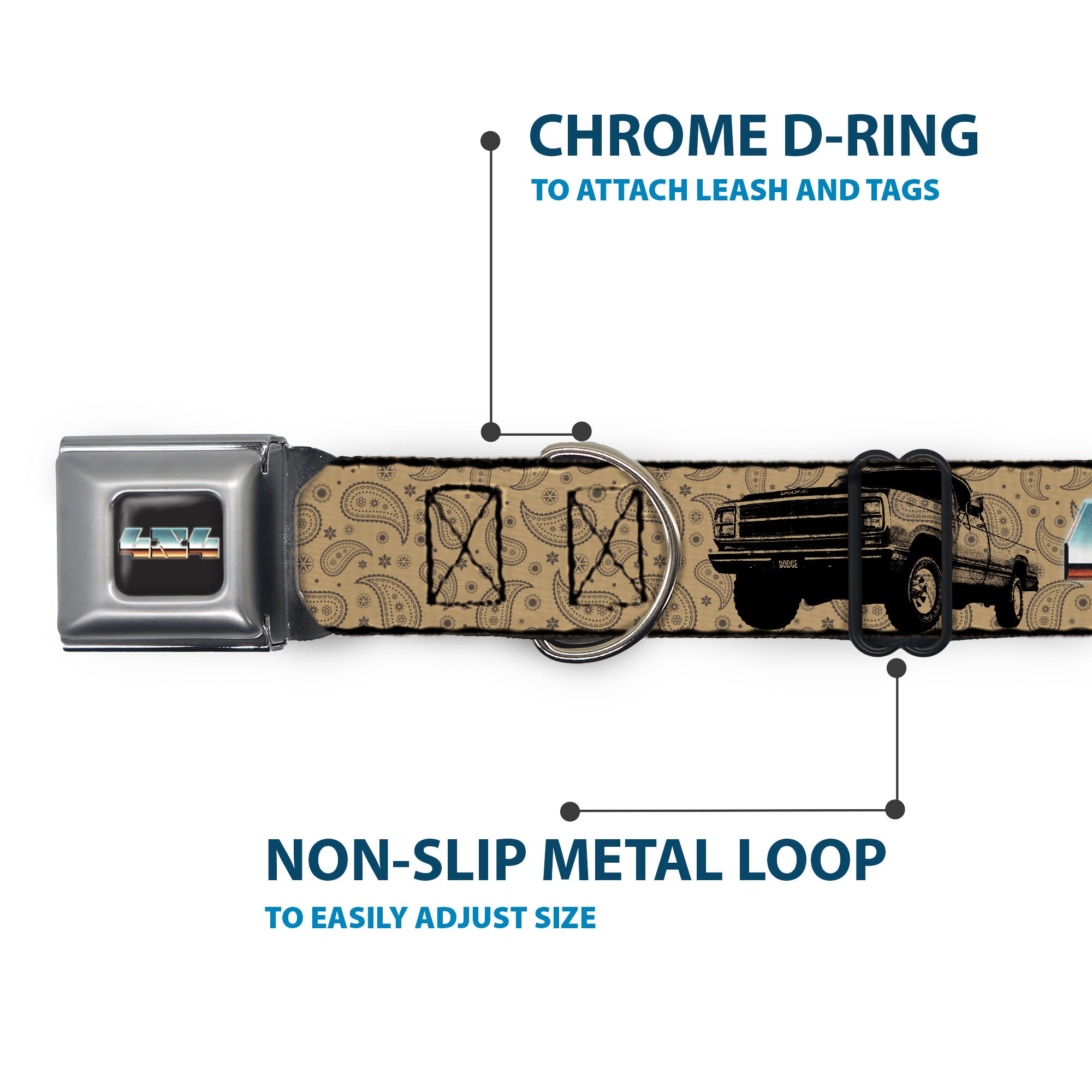 Dodge 4x4 Text Logo Full Color Black Seatbelt Buckle Collar - Dodge Power Wagon Truck 4x4 Paisley Tan/Black Seatbelt Buckle Collars Ram