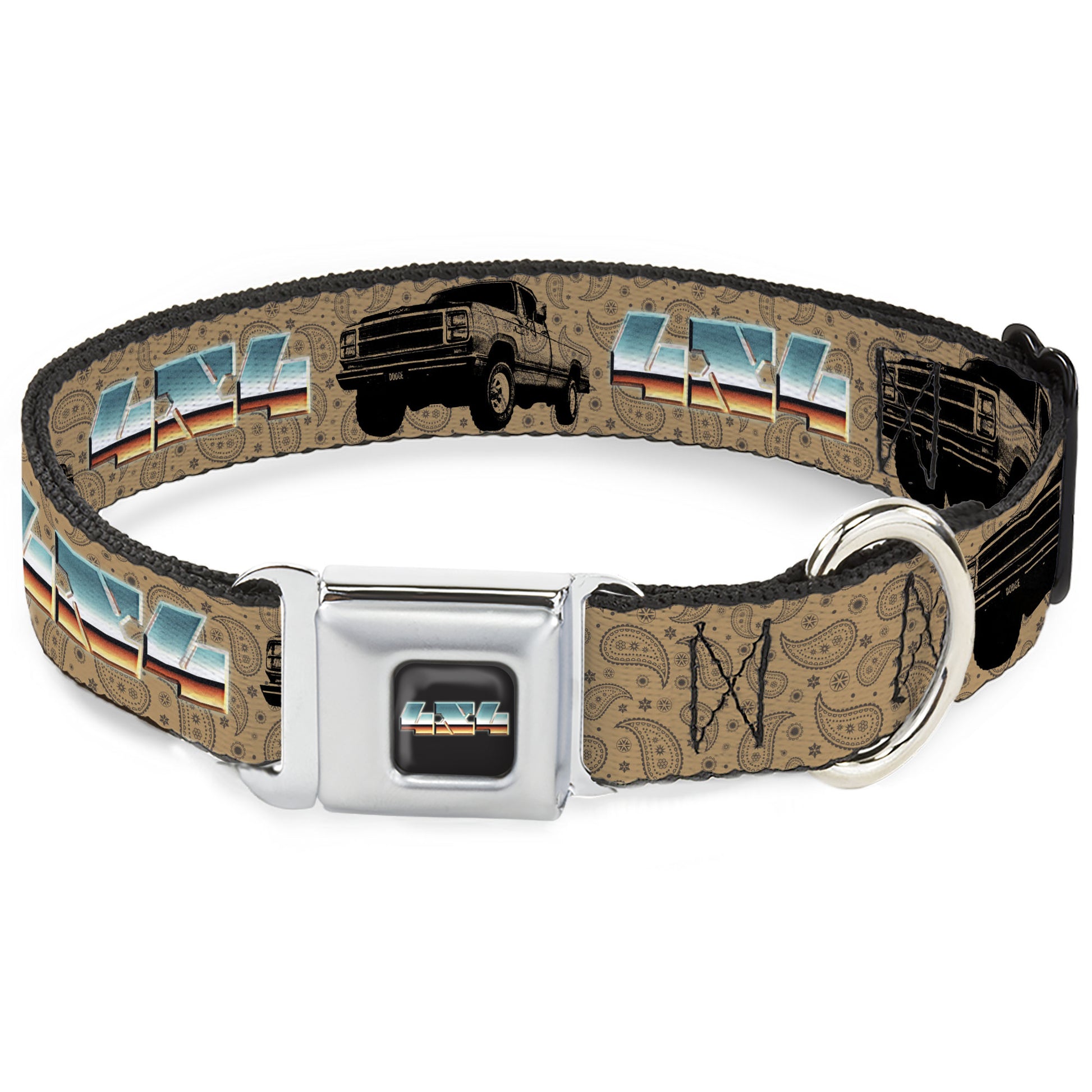 Dodge 4x4 Text Logo Full Color Black Seatbelt Buckle Collar - Dodge Power Wagon Truck 4x4 Paisley Tan/Black Seatbelt Buckle Collars Ram