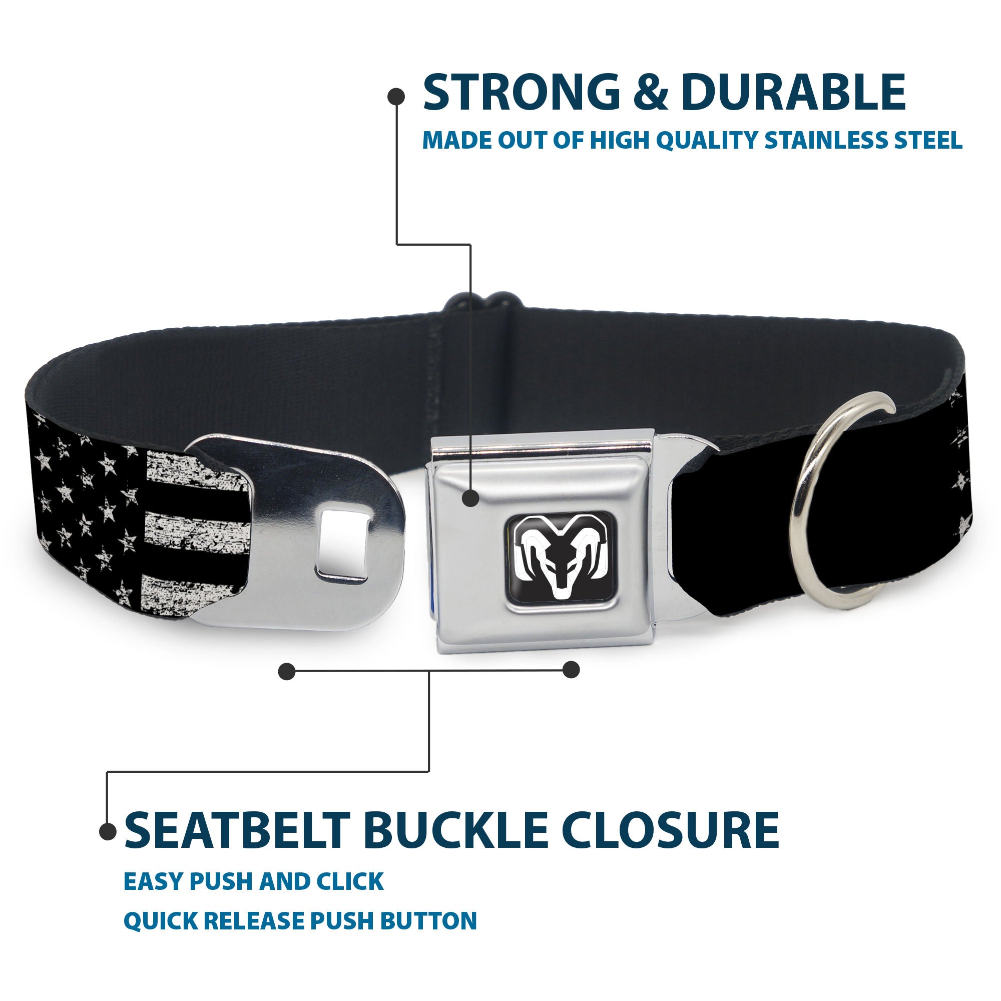 Ram Logo Full Color Black/White Seatbelt Buckle Collar - RAM Text and Logo Americana Weathered Black/White Seatbelt Buckle Collars Ram
