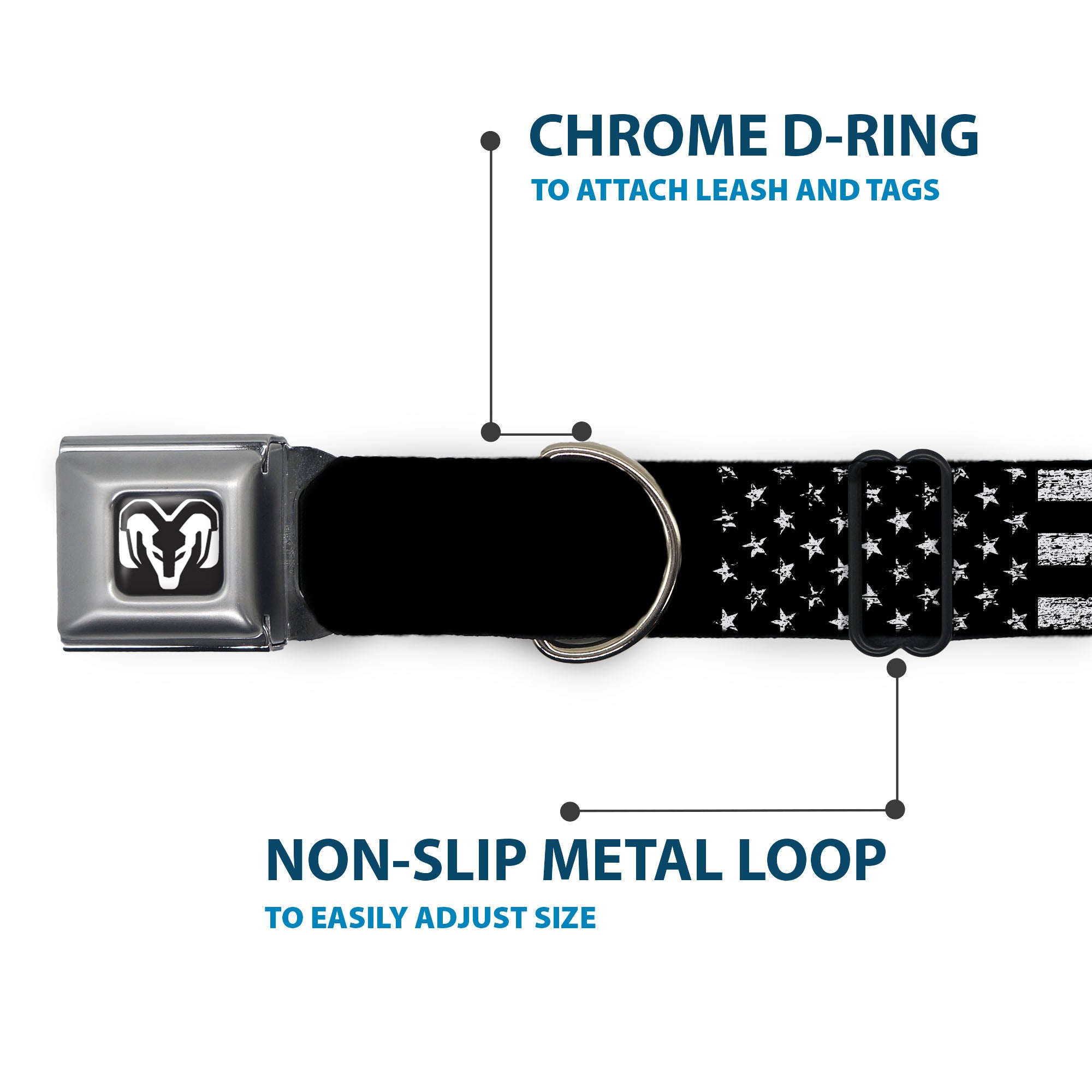 Ram Logo Full Color Black/White Seatbelt Buckle Collar - RAM Text and Logo Americana Weathered Black/White Seatbelt Buckle Collars Ram