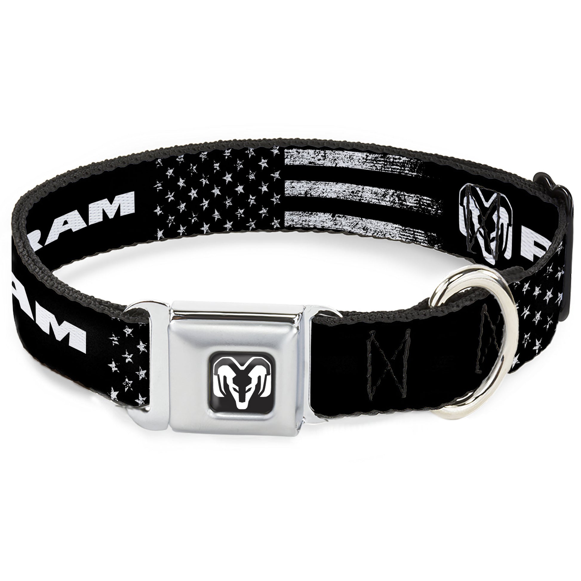 Ram Logo Full Color Black/White Seatbelt Buckle Collar - RAM Text and Logo Americana Weathered Black/White Seatbelt Buckle Collars Ram