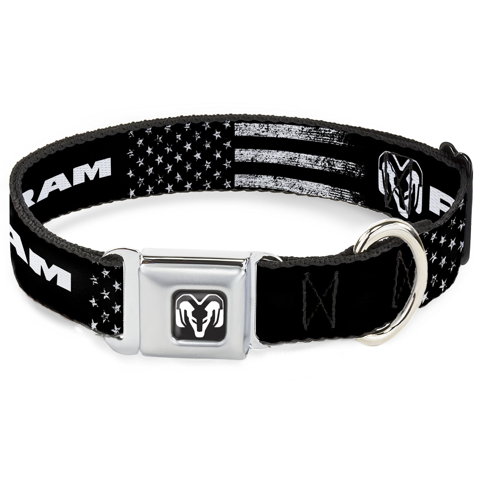 Ram Logo Full Color Black/White Seatbelt Buckle Collar - RAM Text and Logo Americana Weathered Black/White Seatbelt Buckle Collars Ram