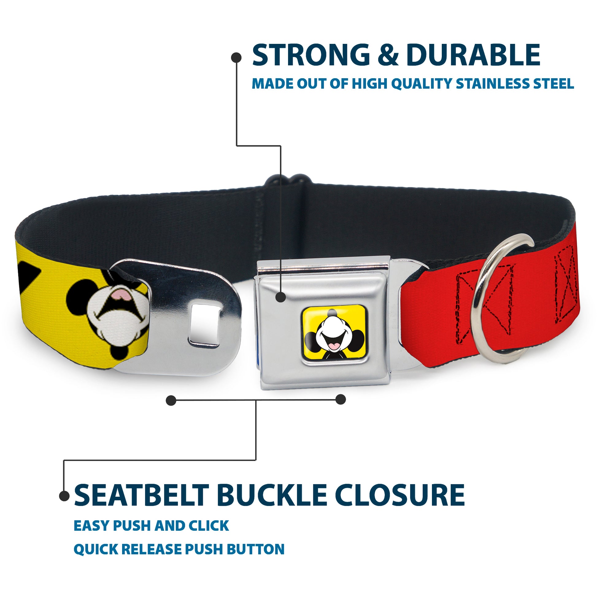 Mickey Smiling Up Pose Full Color Yellow/Black/White Seatbelt Buckle Collar - MICKEY Smiling Up Pose Flip/Buttons Yellow/Black/Red Seatbelt Buckle Collars Disney