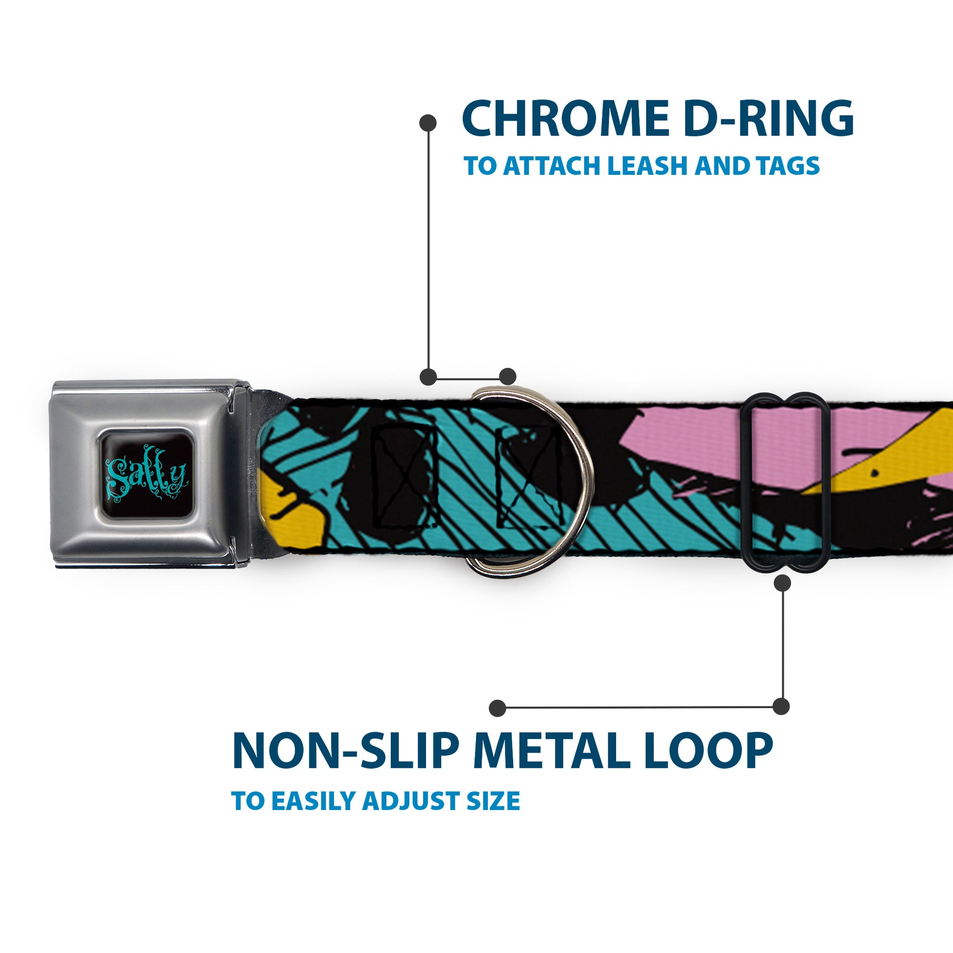 Nightmare Before Christmas SALLY Text Full Color Black/Teal Seatbelt Buckle Collar - Nightmare Before Christmas Sally Dress Patchwork Seatbelt Buckle Collars Disney
