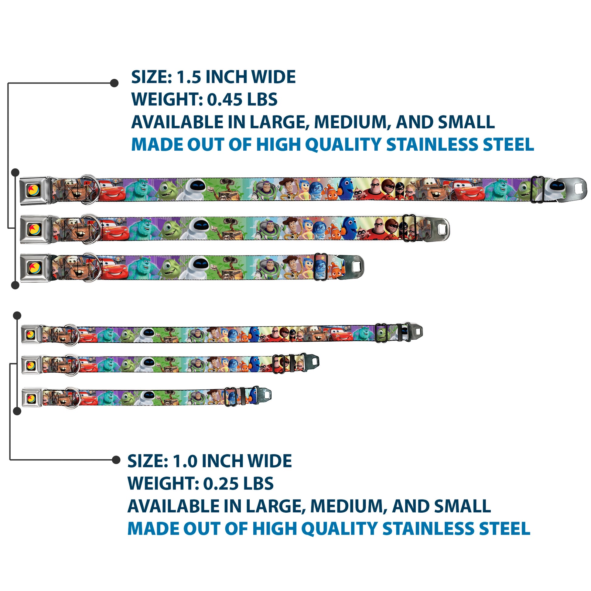 Disney Pixar Luxo Ball Full Color Black/Yellow/Blue/Red Seatbelt Buckle Collar - Disney Pixar 7-Movie Character Collage Seatbelt Buckle Collars Disney