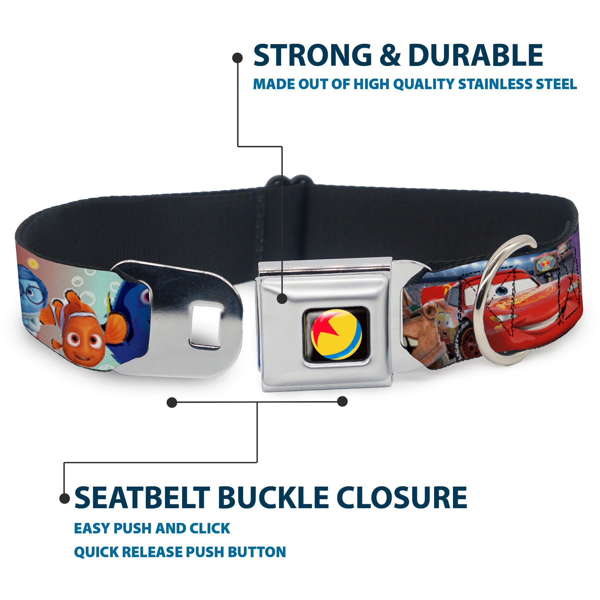 Disney Pixar Luxo Ball Full Color Black/Yellow/Blue/Red Seatbelt Buckle Collar - Disney Pixar 7-Movie Character Collage Seatbelt Buckle Collars Disney