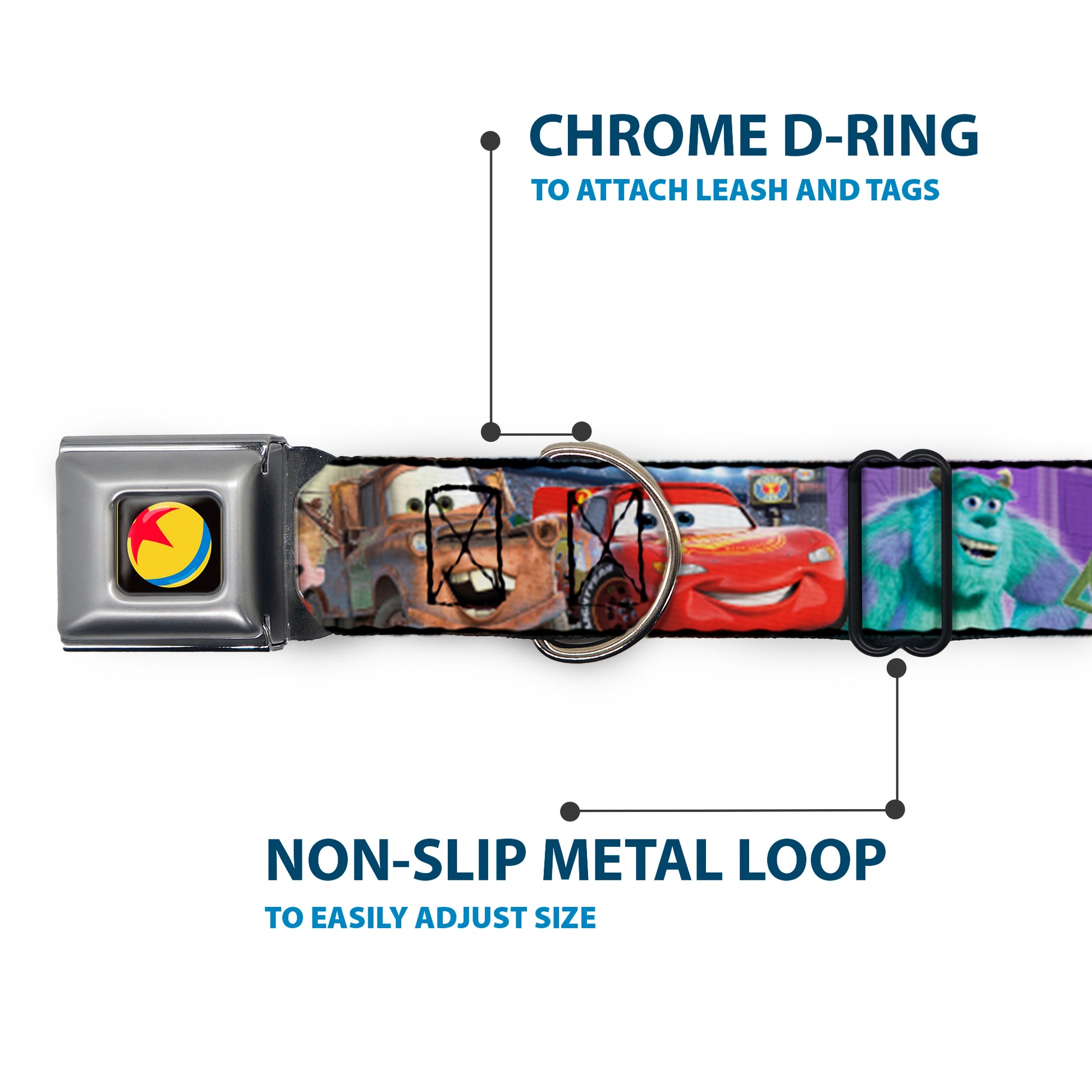 Disney Pixar Luxo Ball Full Color Black/Yellow/Blue/Red Seatbelt Buckle Collar - Disney Pixar 7-Movie Character Collage Seatbelt Buckle Collars Disney