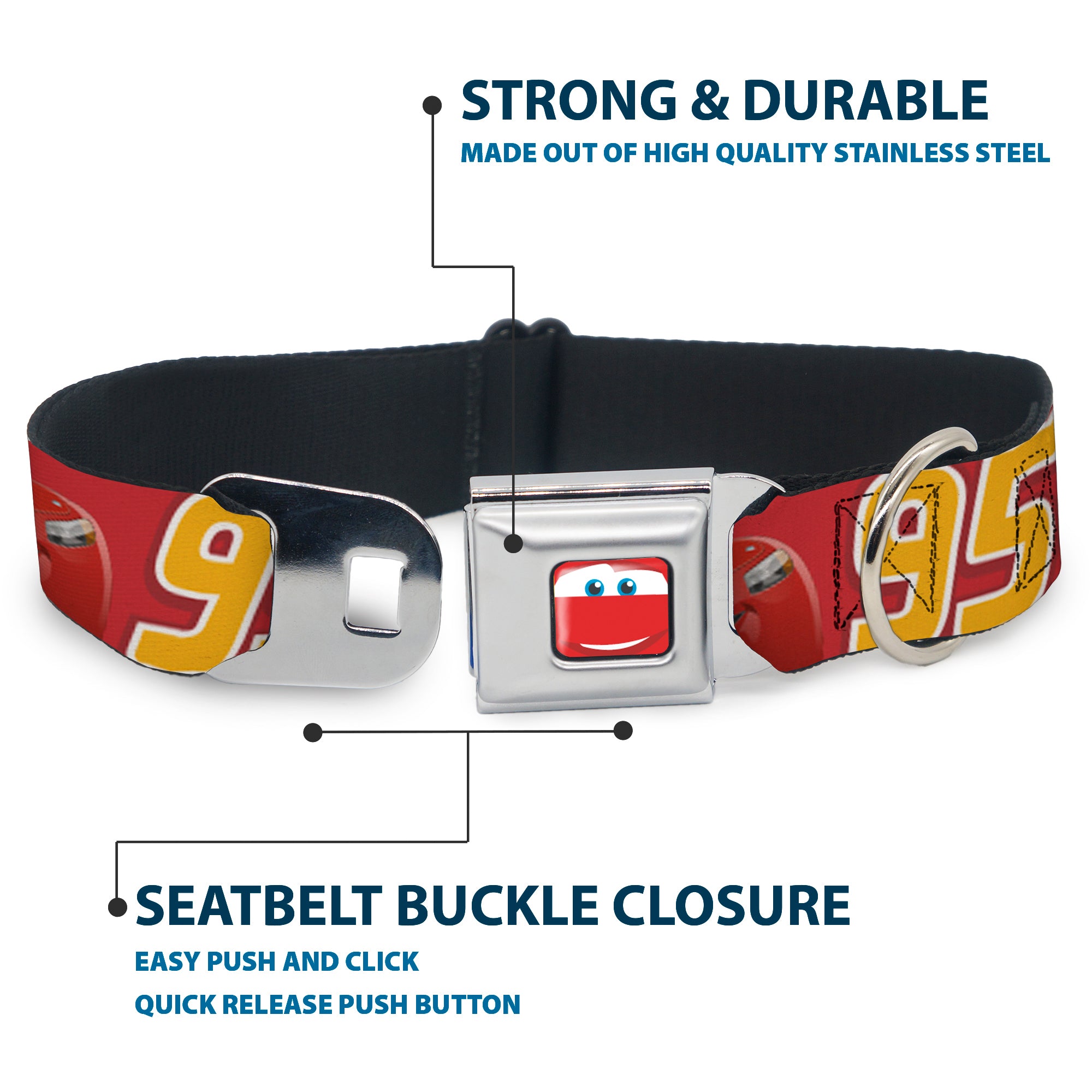 Cars Lightning McQueen Smiley Face CLOSE-UP Full Color Seatbelt Buckle Collar - Cars Lightning McQueen Smiling Pose/95 Reds/White/Orange Seatbelt Buckle Collars Disney