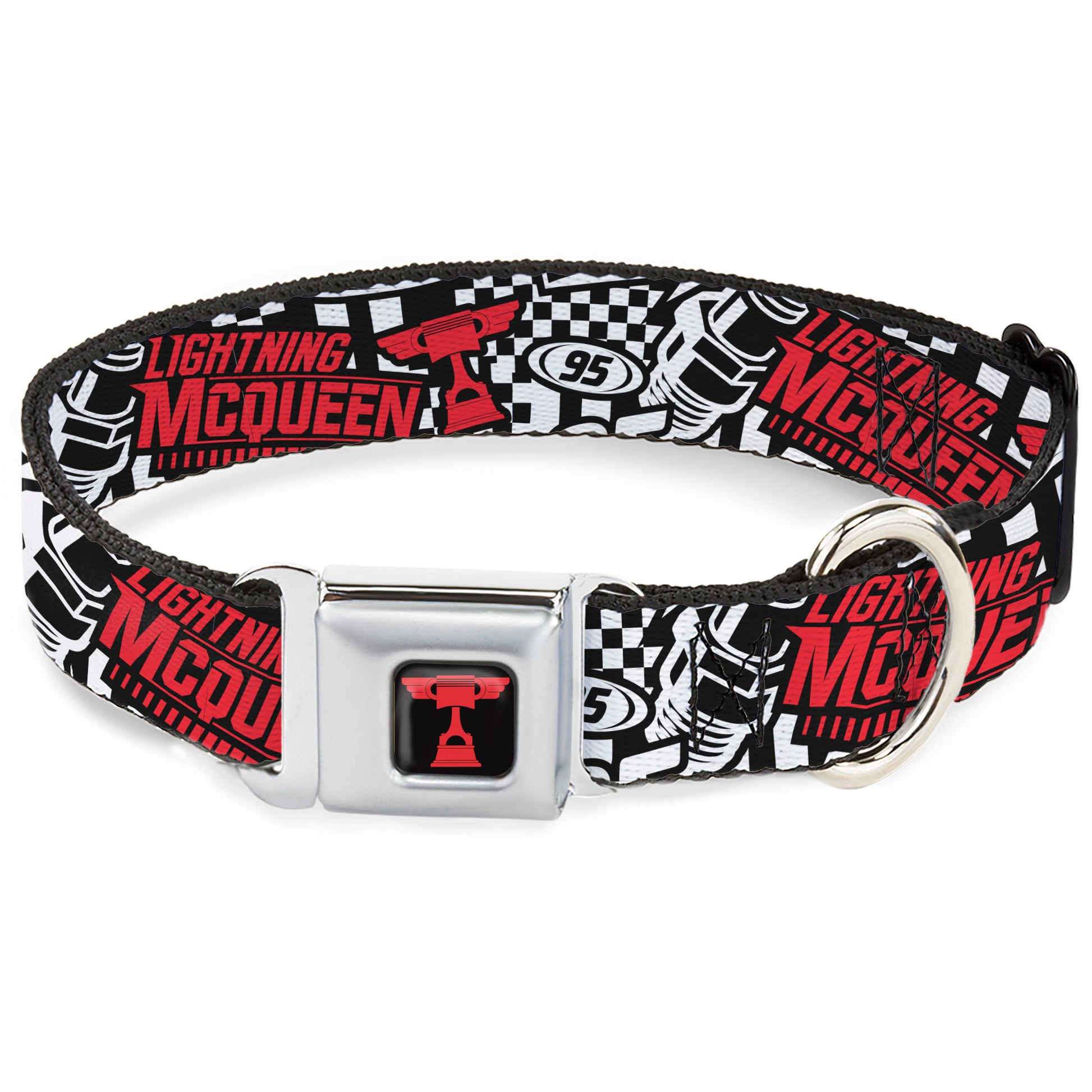 Cars Piston Cup Trophy Full Color Black/Red Seatbelt Buckle Collar - Cars Lightning McQueen Racing Collage White/Black/Red Seatbelt Buckle Collars Disney