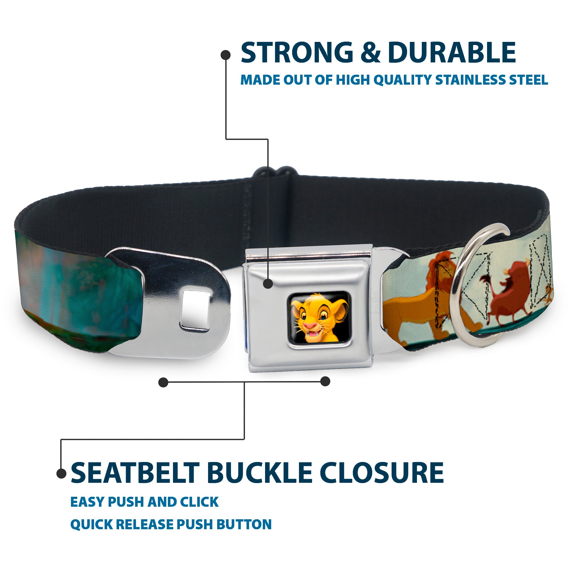 Simba2 CLOSE-UP Full Color Seatbelt Buckle Collar - Lion King Simba, Pumba & Timon Growing Up Seatbelt Buckle Collars Disney
