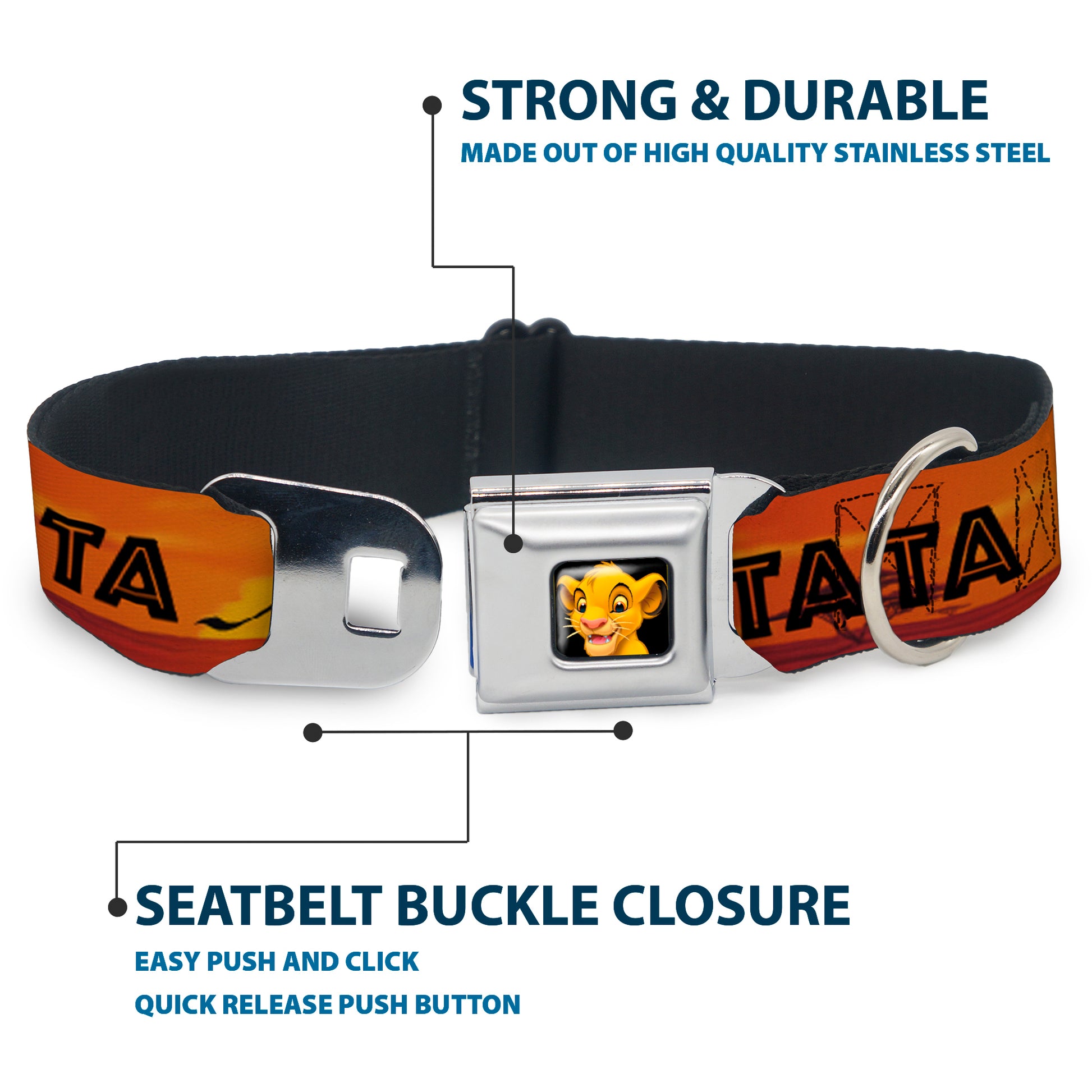 Simba2 CLOSE-UP Full Color Seatbelt Buckle Collar - Lion King HAKUNA MATATA Sunset Oranges/Black Seatbelt Buckle Collars Disney