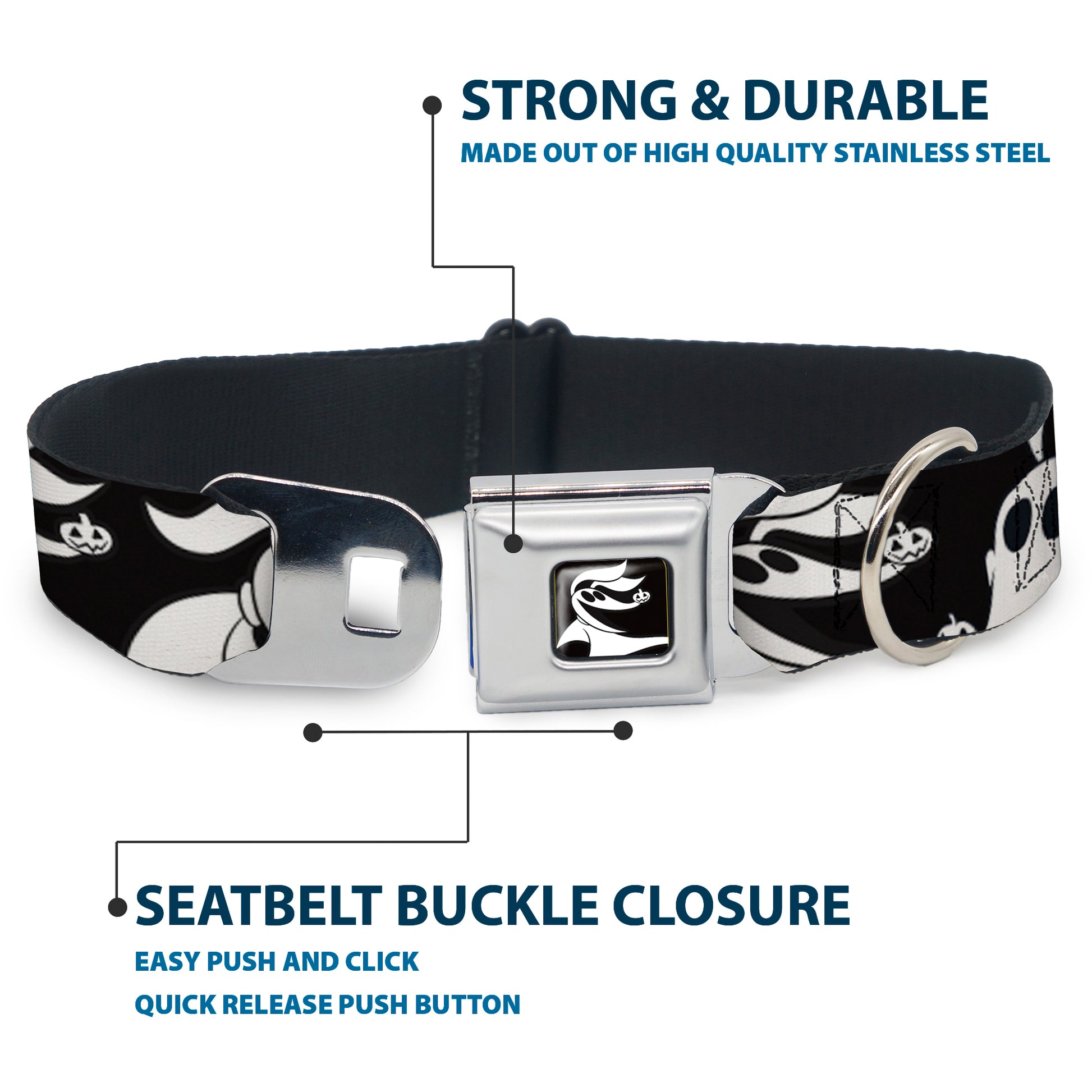 Nightmare Before Christmas Zero Smiling Full Color Black/White Seatbelt Buckle Collar - Nightmare Before Christmas Zero Expressions Black/White Seatbelt Buckle Collars Disney