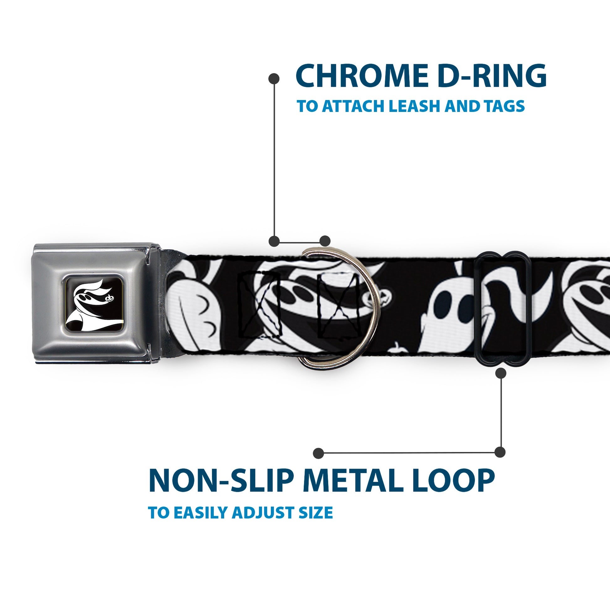 Nightmare Before Christmas Zero Smiling Full Color Black/White Seatbelt Buckle Collar - Nightmare Before Christmas Zero Expressions Black/White Seatbelt Buckle Collars Disney