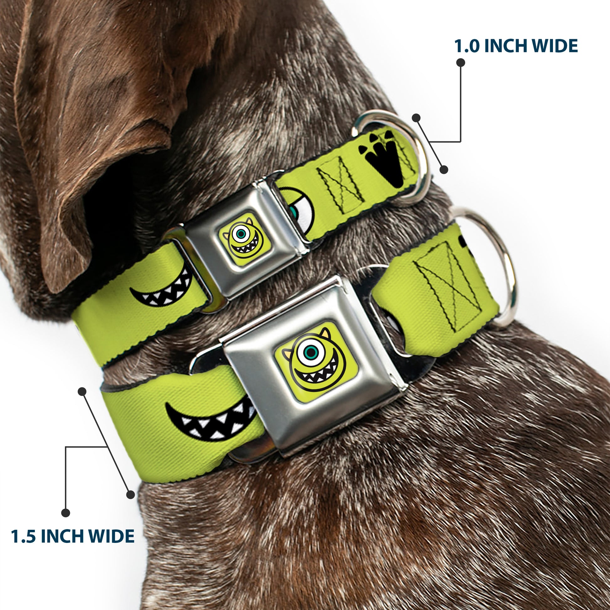 Monsters Inc. Mike Smiling Face Full Color Greens/Black/White Seatbelt Buckle Collar - Monsters Inc. Mike 4-Icons Greens/Black/White Seatbelt Buckle Collars Disney
