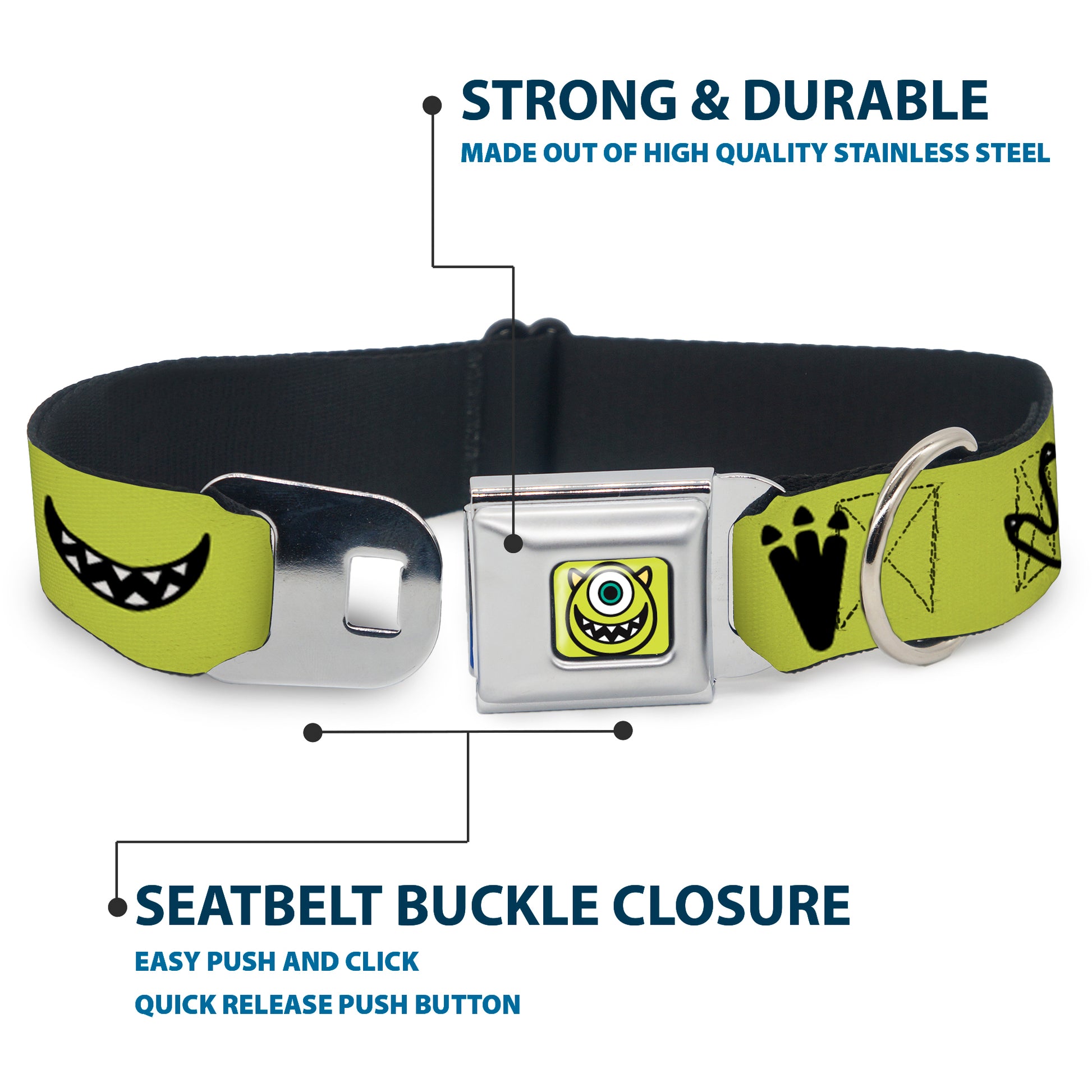 Monsters Inc. Mike Smiling Face Full Color Greens/Black/White Seatbelt Buckle Collar - Monsters Inc. Mike 4-Icons Greens/Black/White Seatbelt Buckle Collars Disney