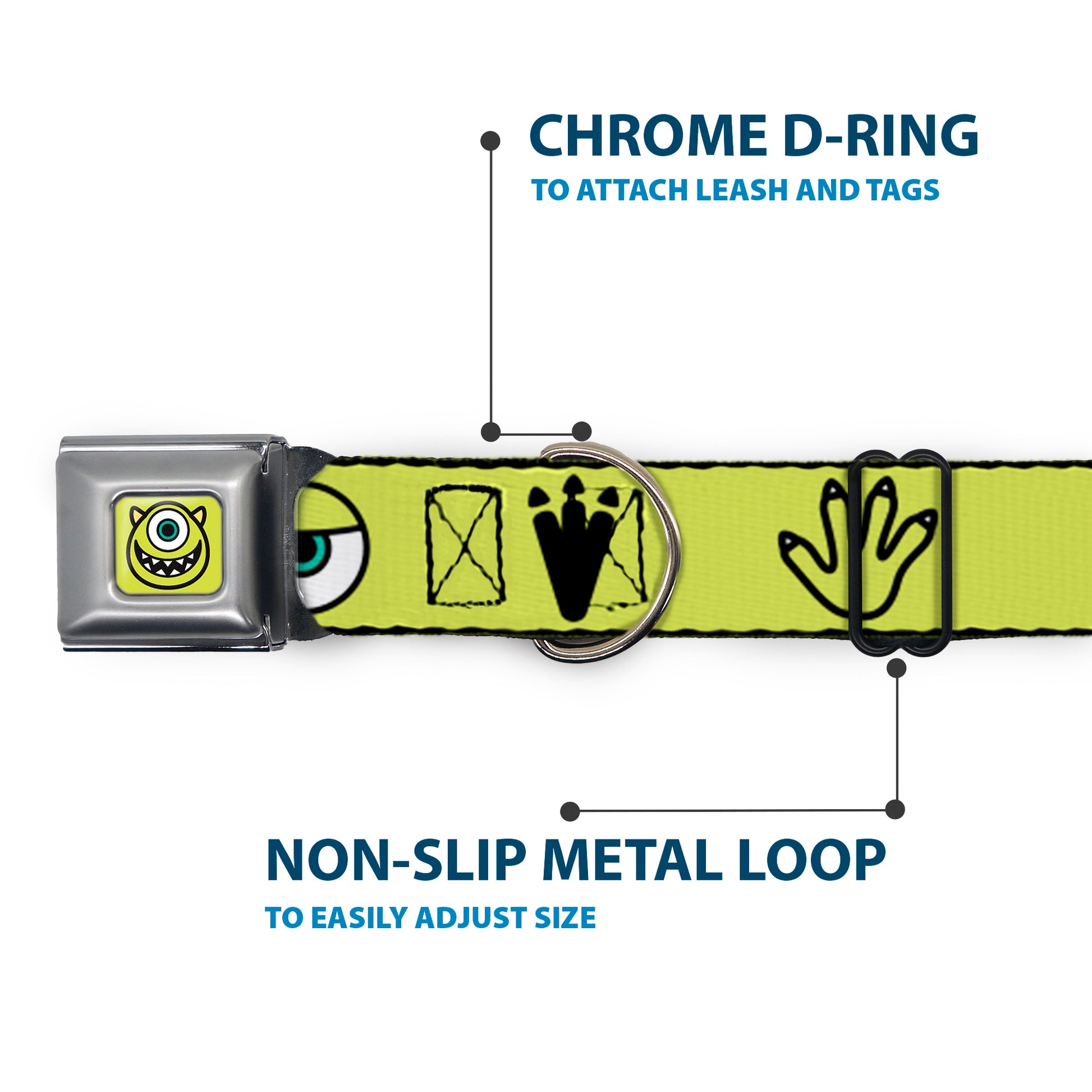 Monsters Inc. Mike Smiling Face Full Color Greens/Black/White Seatbelt Buckle Collar - Monsters Inc. Mike 4-Icons Greens/Black/White Seatbelt Buckle Collars Disney