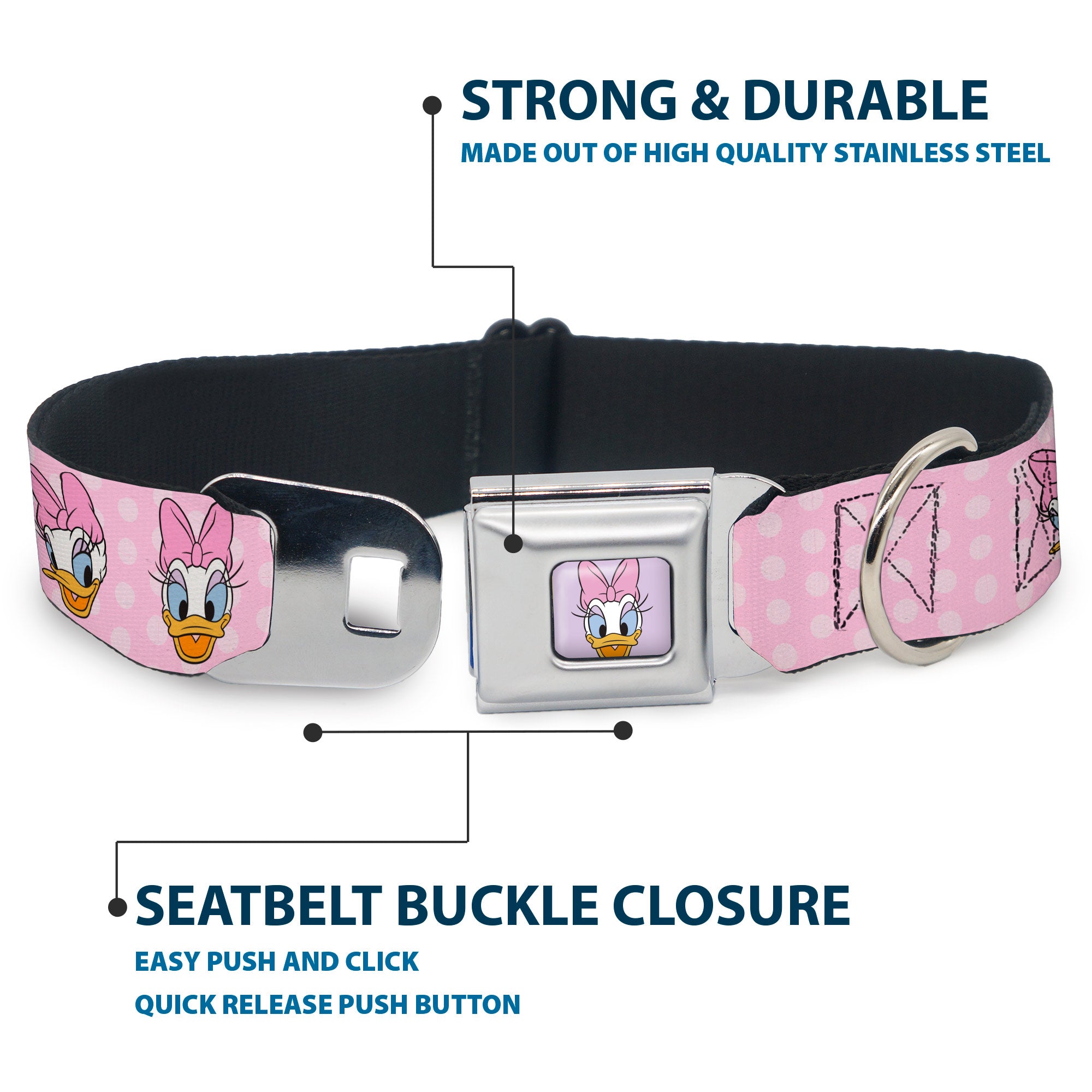 Daisy Duck Smiling Face Full Color Pinks Seatbelt Buckle Collar - Daisy Duck 2-Expressions/Dots Pinks Seatbelt Buckle Collars Disney