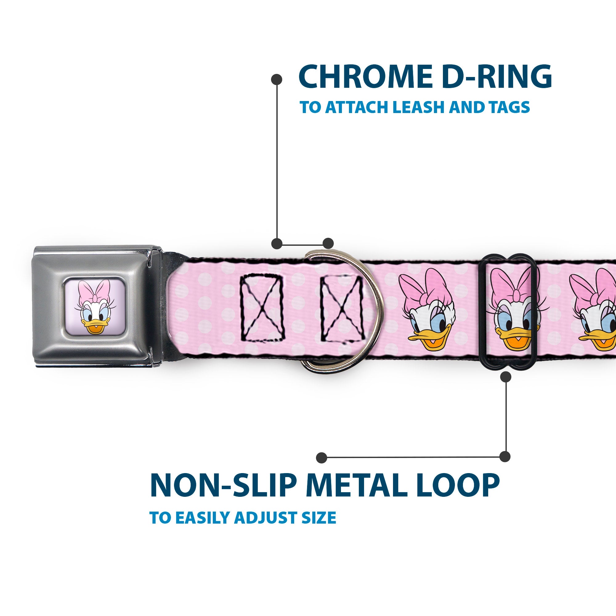 Daisy Duck Smiling Face Full Color Pinks Seatbelt Buckle Collar - Daisy Duck 2-Expressions/Dots Pinks Seatbelt Buckle Collars Disney