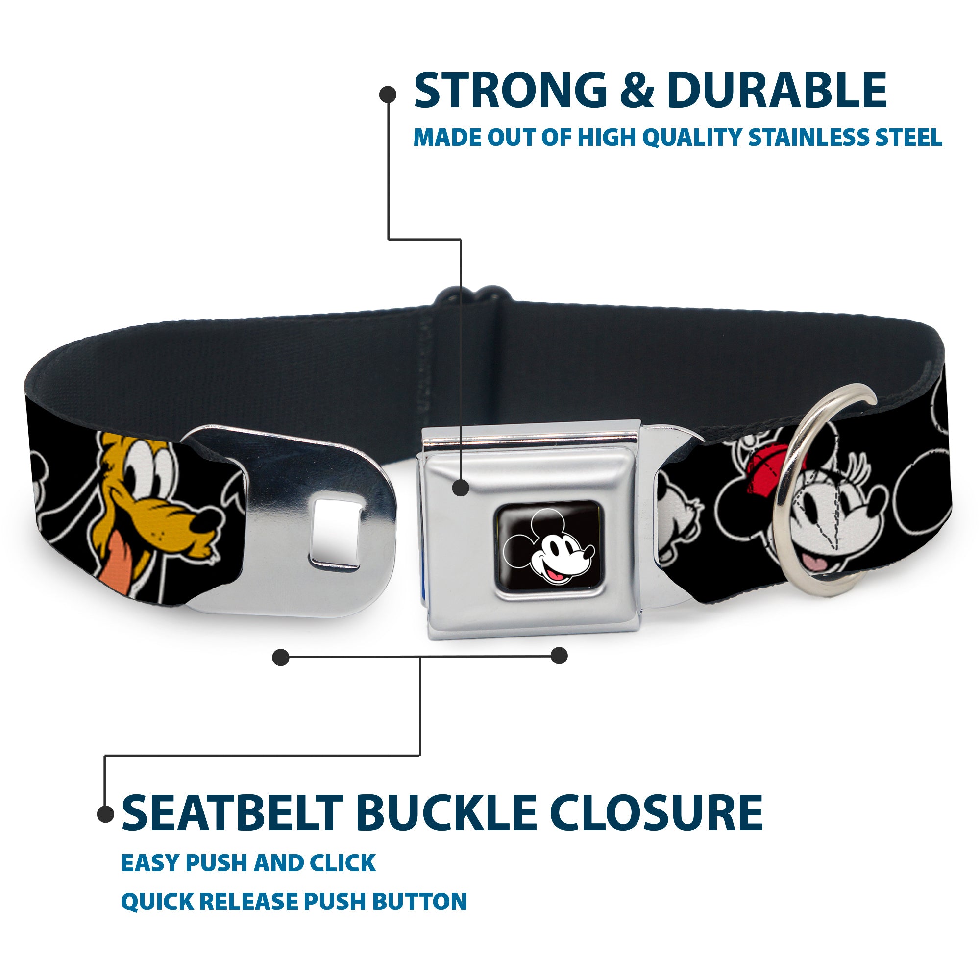 Mickey Mouse Smiling Face Full Color Black Seatbelt Buckle Collar - Disney The Sensational Six Smiling Faces Black Seatbelt Buckle Collars Disney