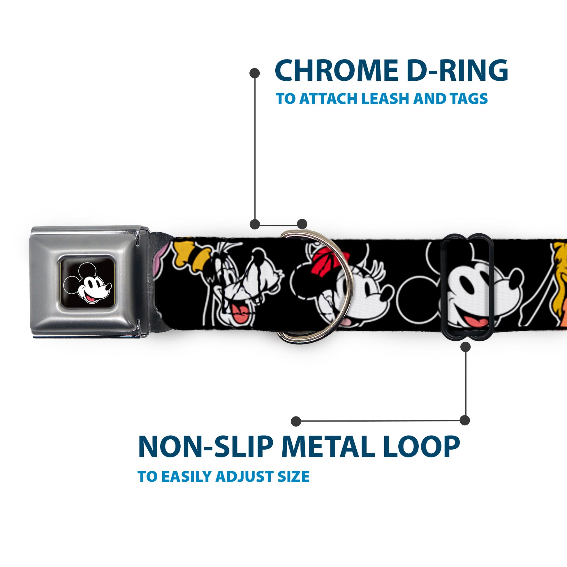 Mickey Mouse Smiling Face Full Color Black Seatbelt Buckle Collar - Disney The Sensational Six Smiling Faces Black Seatbelt Buckle Collars Disney