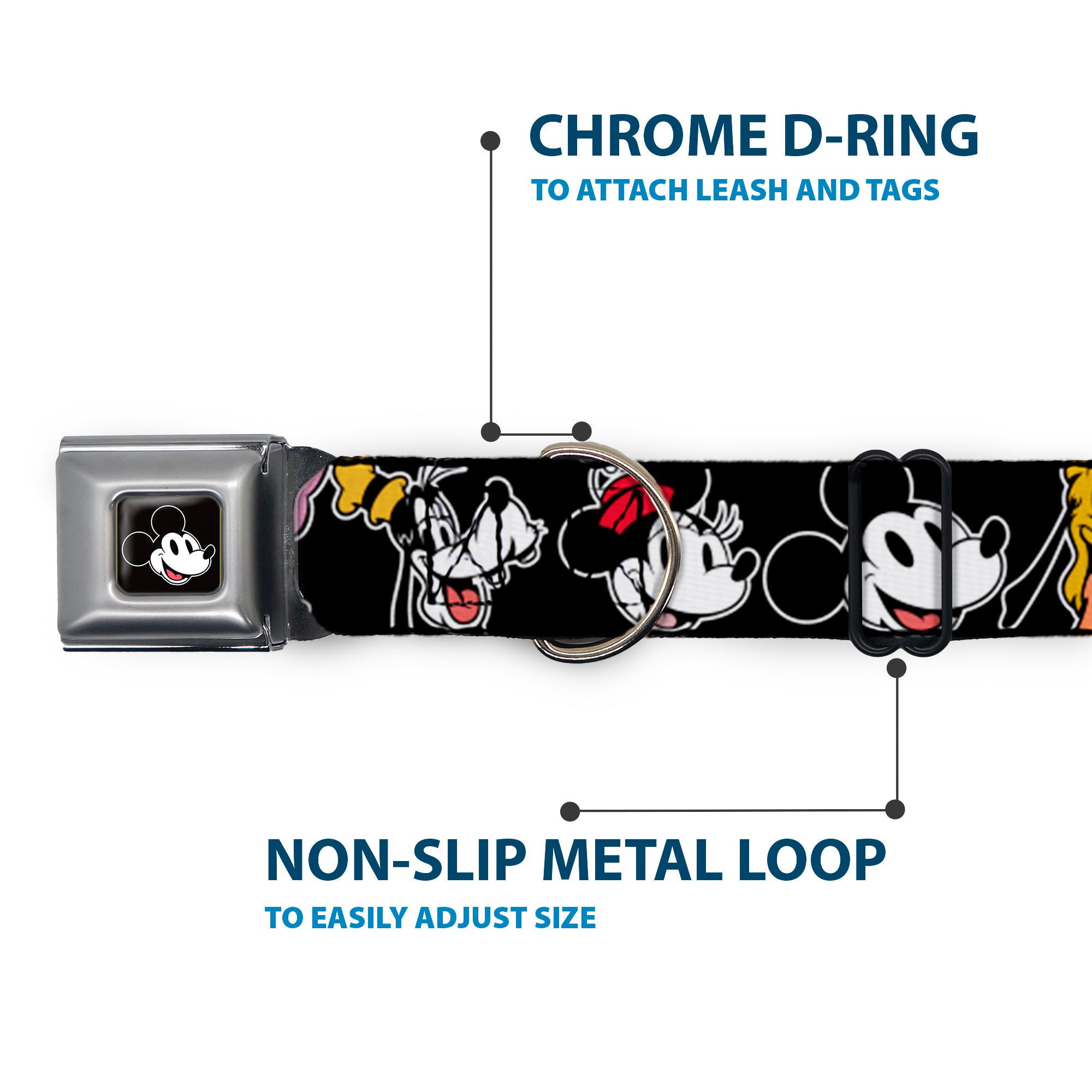 Mickey Mouse Smiling Face Full Color Black Seatbelt Buckle Collar - Disney The Sensational Six Smiling Faces Black Seatbelt Buckle Collars Disney