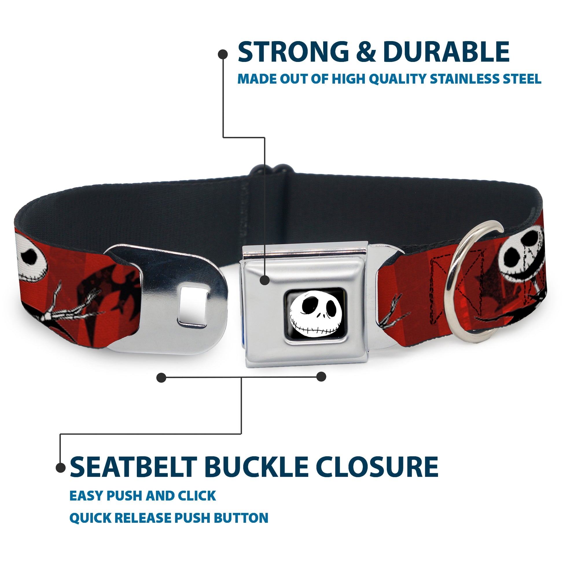 Jack Expression5 Full Color Seatbelt Buckle Collar - Nightmare Before Christmas Jack Poses/Bats Red Stripe Seatbelt Buckle Collars Disney