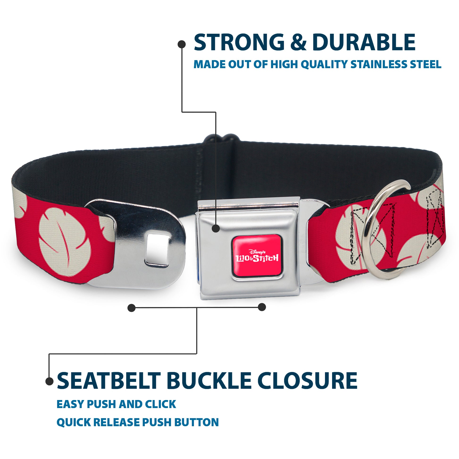 Disney's LILO & STITCH Title Logo Full Color Red/White Seatbelt Buckle Collar - Lilo & Stitch Bounding Lilo Dress Leaves Red/Ivory Seatbelt Buckle Collars Disney