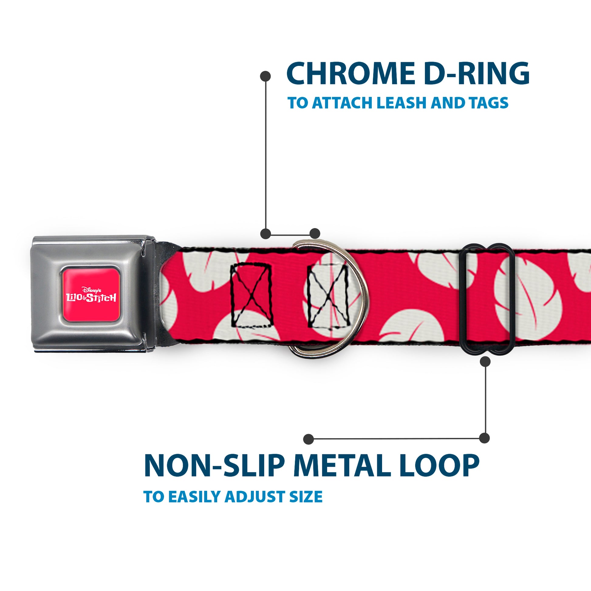 Disney's LILO & STITCH Title Logo Full Color Red/White Seatbelt Buckle Collar - Lilo & Stitch Bounding Lilo Dress Leaves Red/Ivory Seatbelt Buckle Collars Disney