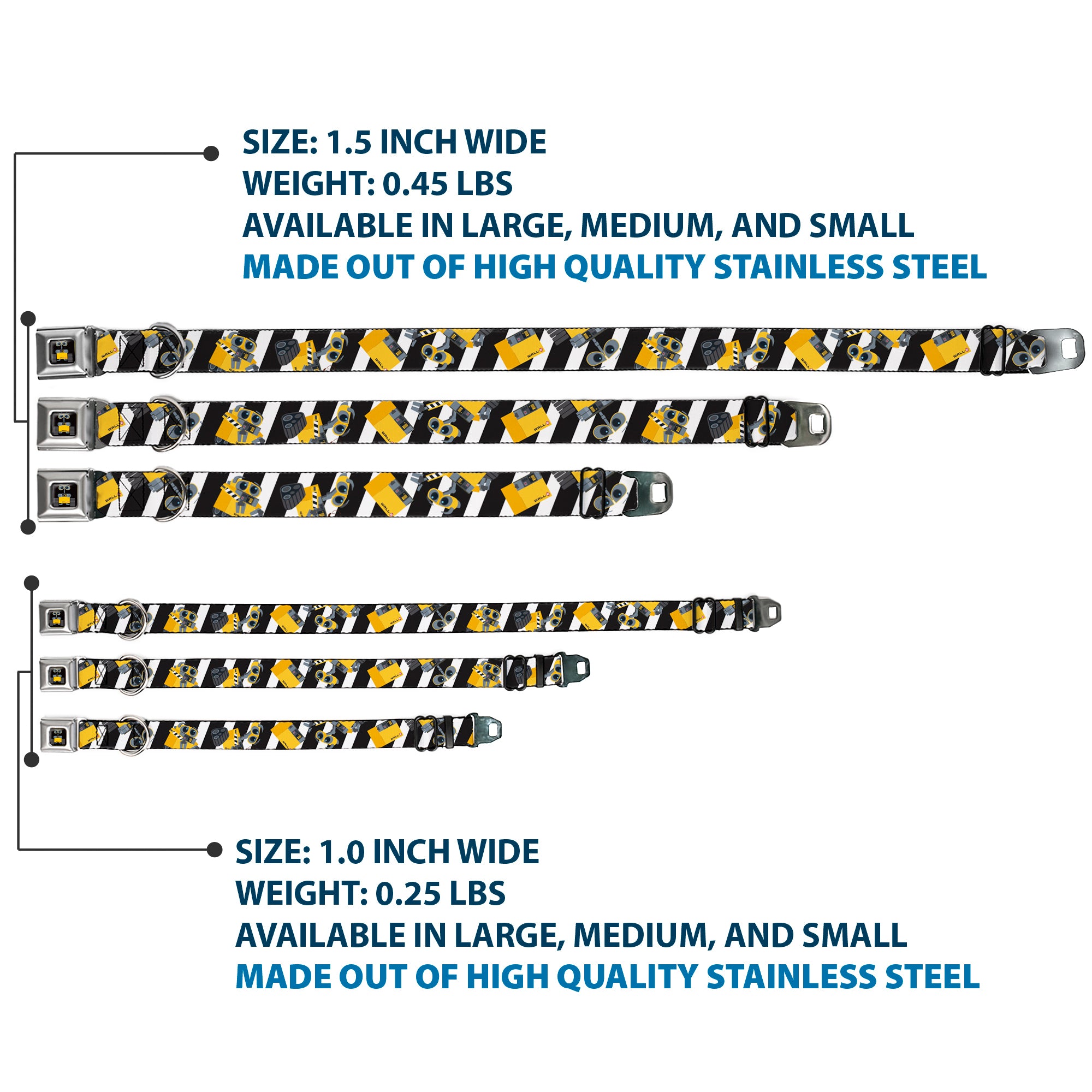 WALL-E Pose Full Color Black Seatbelt Buckle Collar - Wall-E Poses/Stripe Black/White Seatbelt Buckle Collars Disney