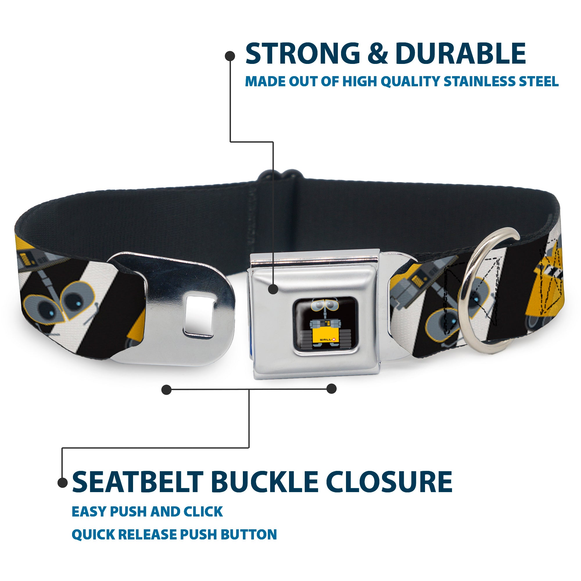 WALL-E Pose Full Color Black Seatbelt Buckle Collar - Wall-E Poses/Stripe Black/White Seatbelt Buckle Collars Disney