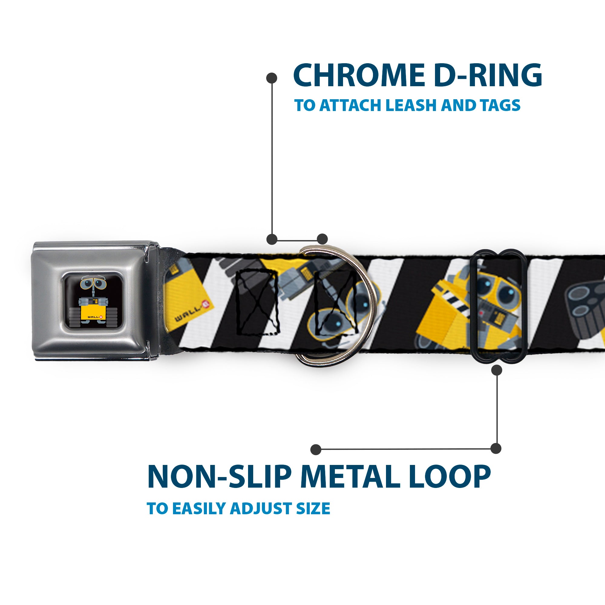 WALL-E Pose Full Color Black Seatbelt Buckle Collar - Wall-E Poses/Stripe Black/White Seatbelt Buckle Collars Disney