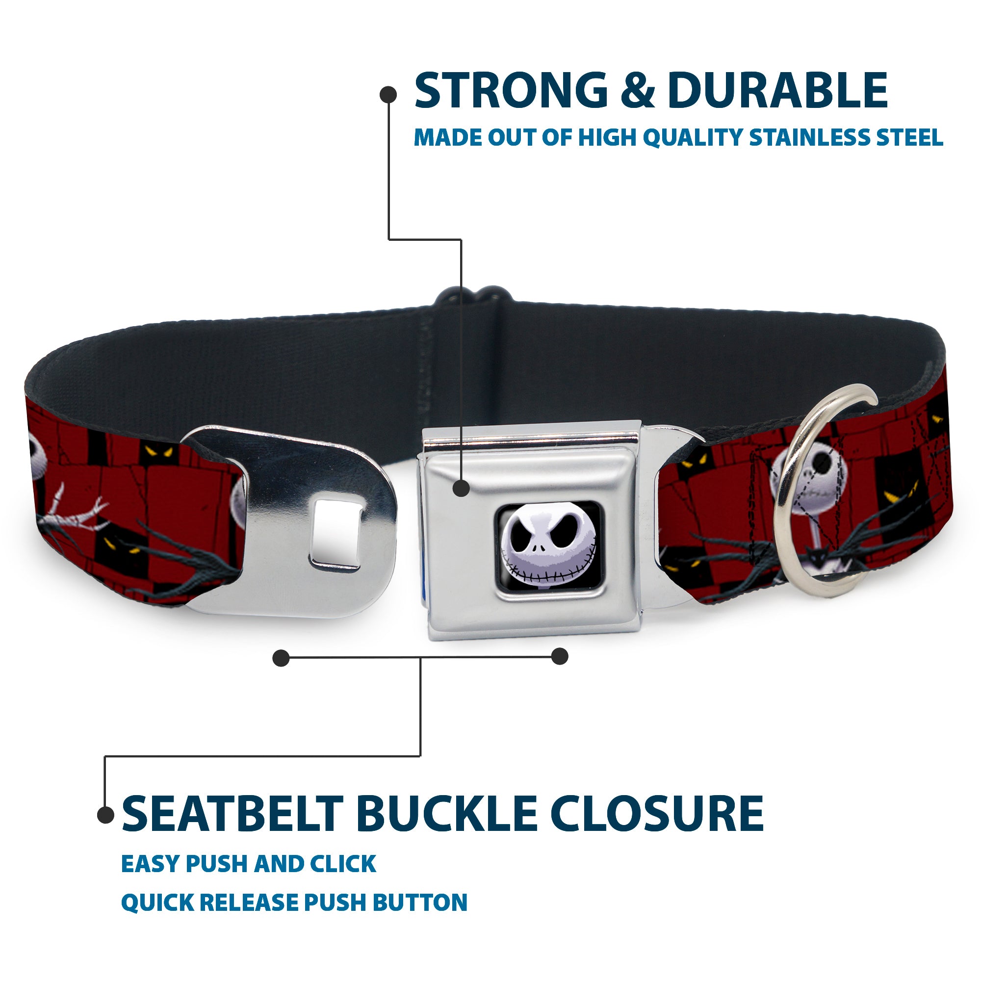 Jack Expression6 Full Color Seatbelt Buckle Collar - Nightmare Before Christmas 3-Jack Poses/Peeping Eyes Burgundy/Black/Yellow Seatbelt Buckle Collars Disney