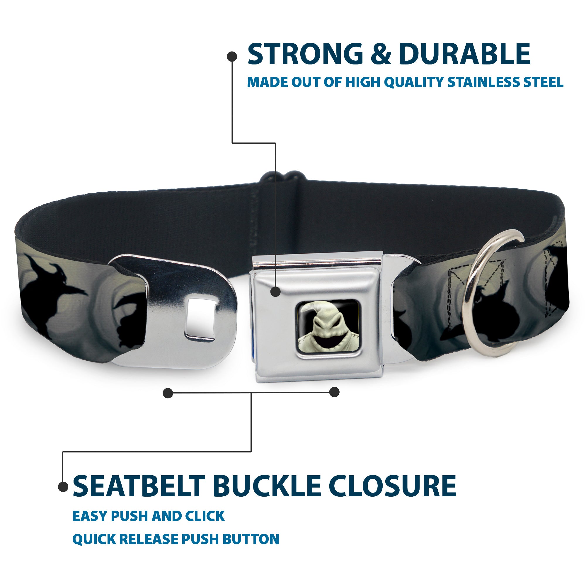 Oogie Boogie CLOSE-UP Full Color Seatbelt Buckle Collar - Oogie Boogie Silhouette Poses Gray/Black Seatbelt Buckle Collars Disney