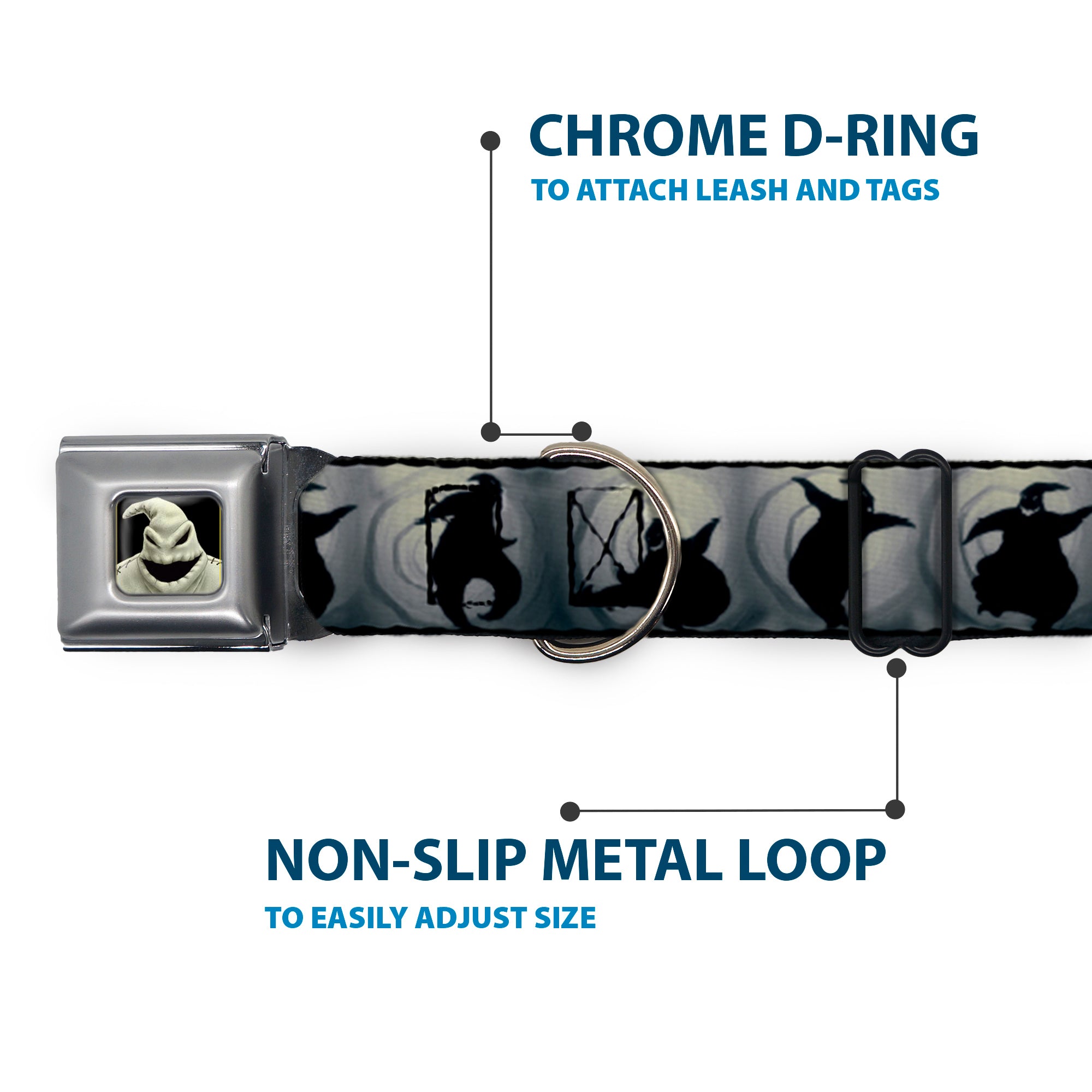 Oogie Boogie CLOSE-UP Full Color Seatbelt Buckle Collar - Oogie Boogie Silhouette Poses Gray/Black Seatbelt Buckle Collars Disney