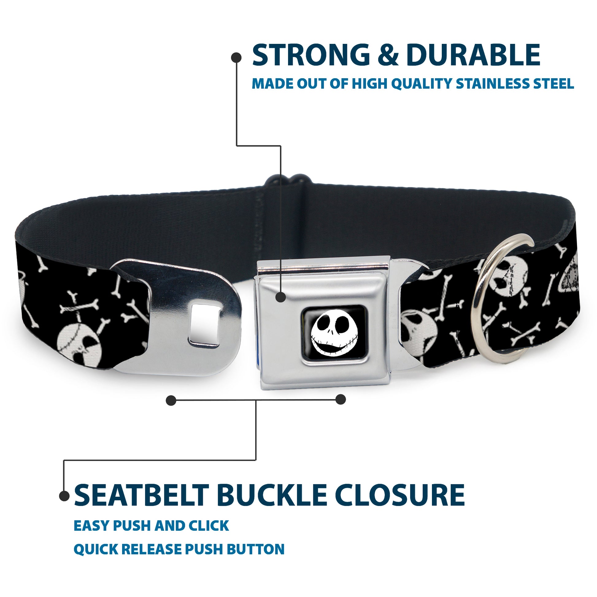 Jack Expressions/Bones Scattered Full Color Black/White Seatbelt Buckle Collar - Jack Expressions/Bones Scattered Black/White Seatbelt Buckle Collars Disney