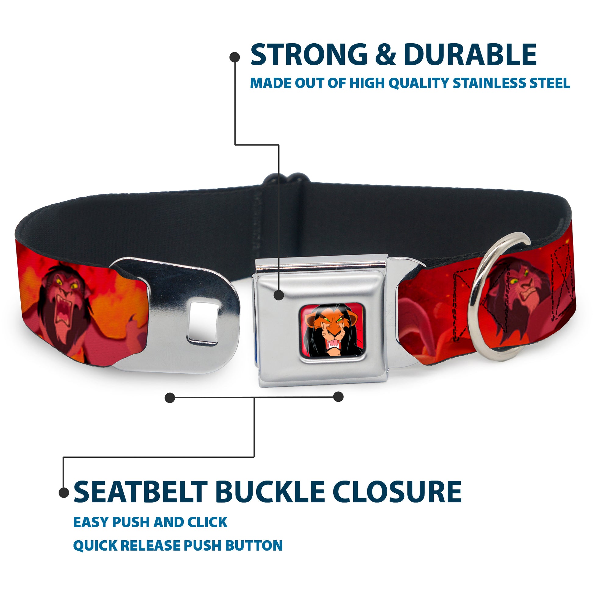 Scar Red Full Color Seatbelt Buckle Collar - Simba Scar Battle Scene Fiery Red Seatbelt Buckle Collars Disney