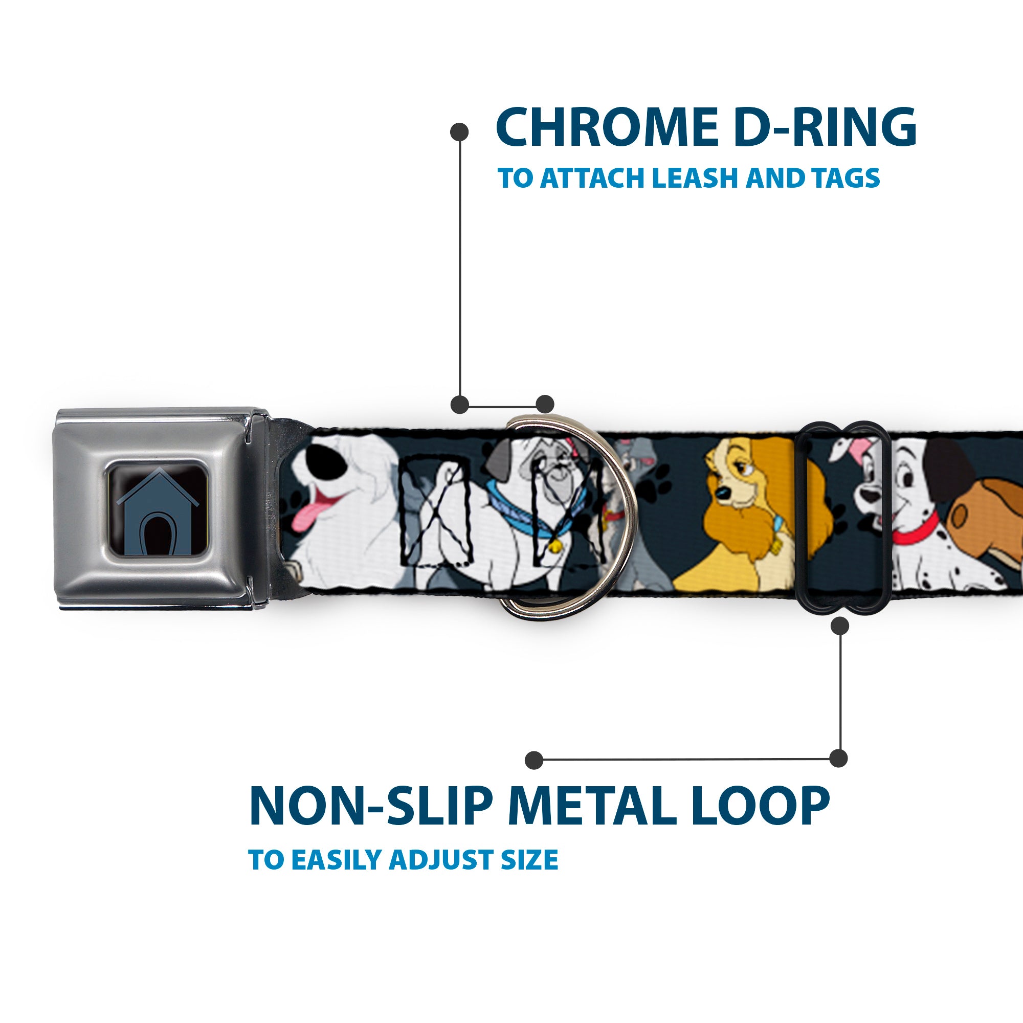 Dog House Full Color Black/Gray Seatbelt Buckle Collar - Disney Dogs 6-Dog Group Collage/Paws Gray/Black Seatbelt Buckle Collars Disney