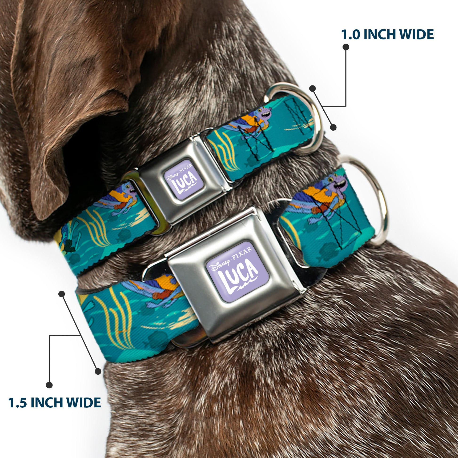 LUCA Logo Full Color Lavender/White Seatbelt Buckle Collar - Luca and Alberto Sea Monsters Swimming Poses Turquoise Blues Seatbelt Buckle Collars Disney