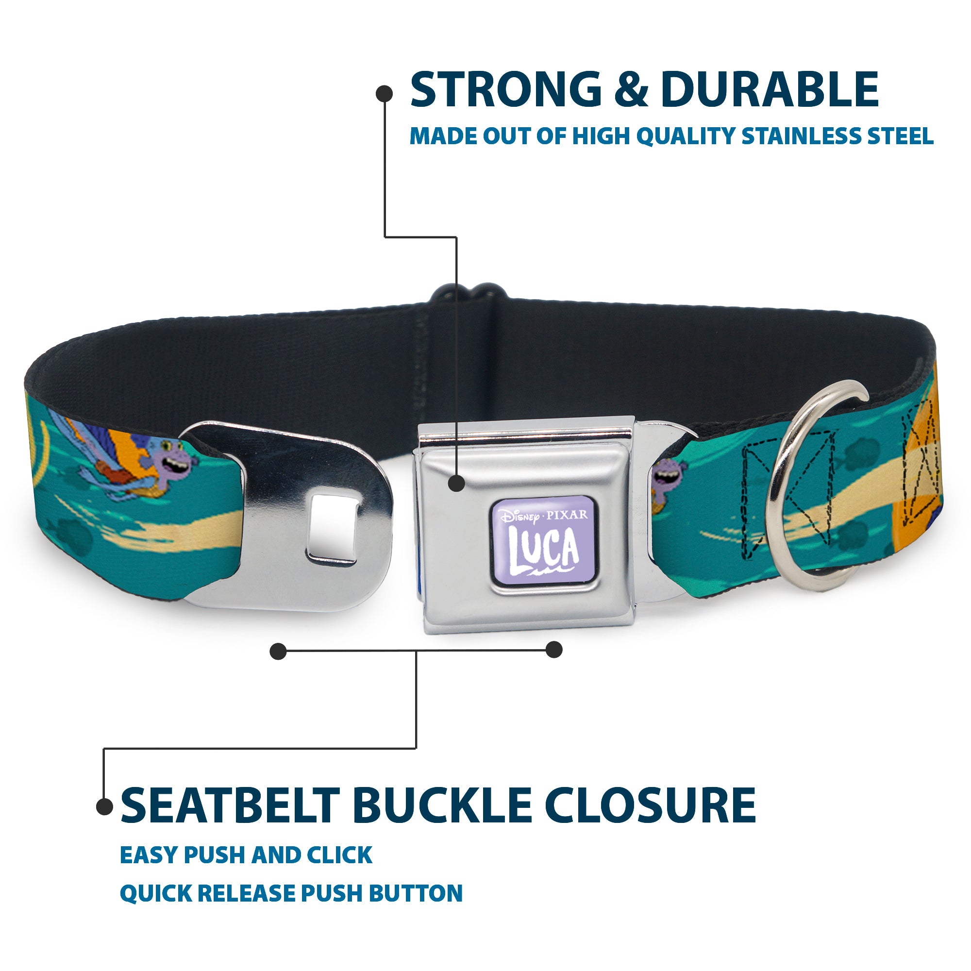 LUCA Logo Full Color Lavender/White Seatbelt Buckle Collar - Luca and Alberto Sea Monsters Swimming Poses Turquoise Blues Seatbelt Buckle Collars Disney