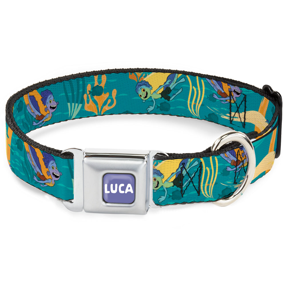 LUCA Logo Full Color Lavender/White Seatbelt Buckle Collar - Luca and Alberto Sea Monsters Swimming Poses Turquoise Blues Seatbelt Buckle Collars Disney