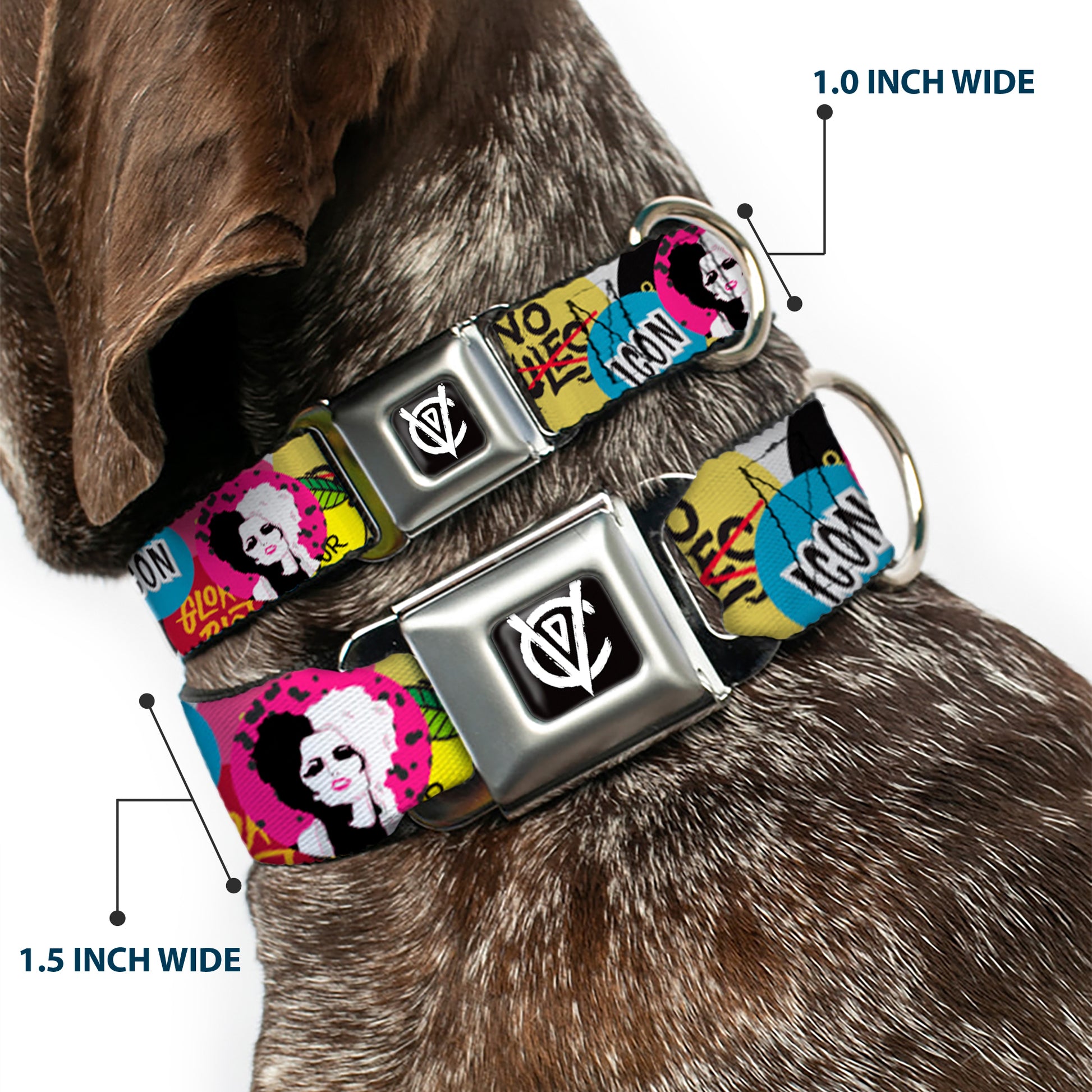 Cruella de Vil CDV Icon Black/White Seatbelt Buckle Collar - Cruella de Vil Cruell World and Round Badge Icons Collage Seatbelt Buckle Collars Disney