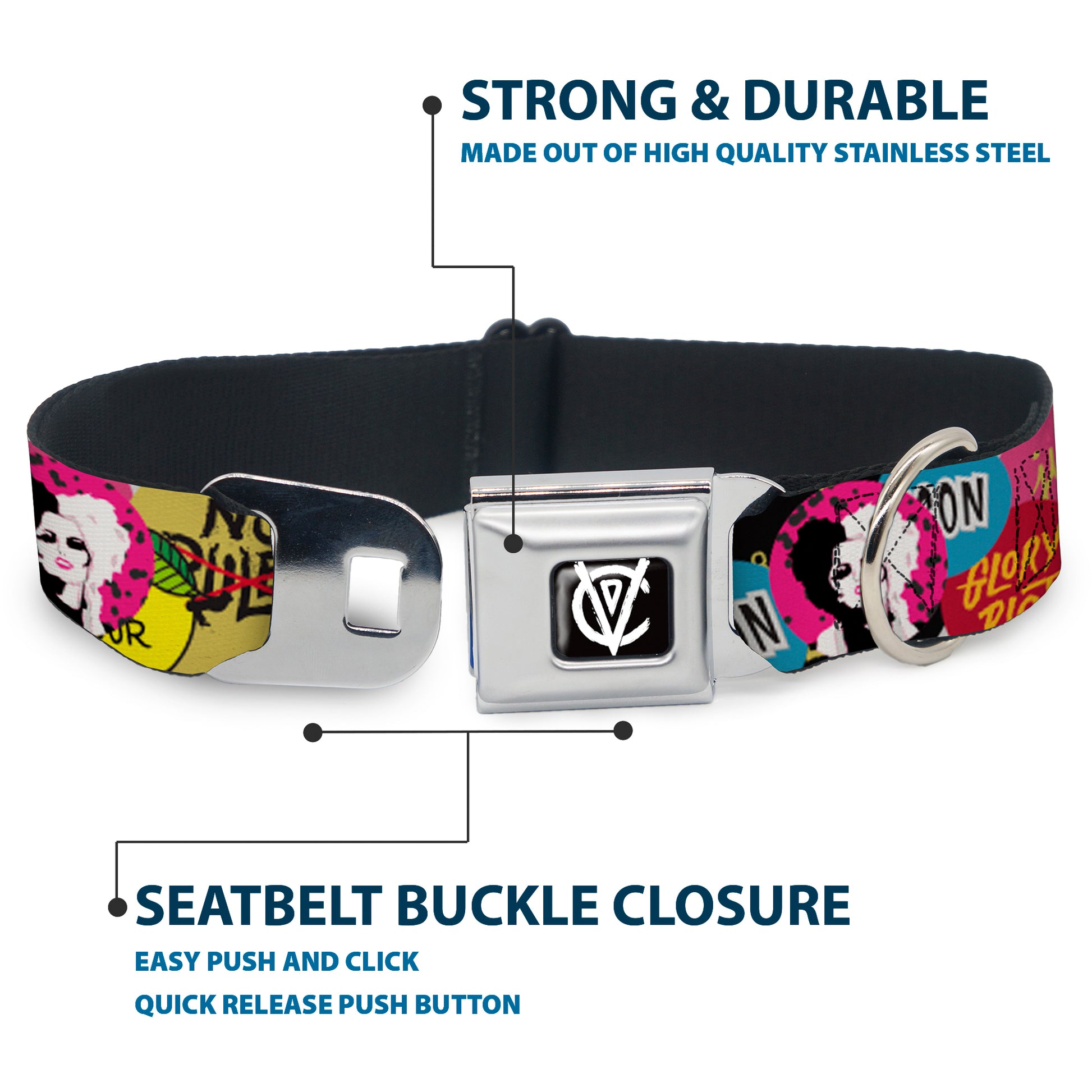 Cruella de Vil CDV Icon Black/White Seatbelt Buckle Collar - Cruella de Vil Cruell World and Round Badge Icons Collage Seatbelt Buckle Collars Disney