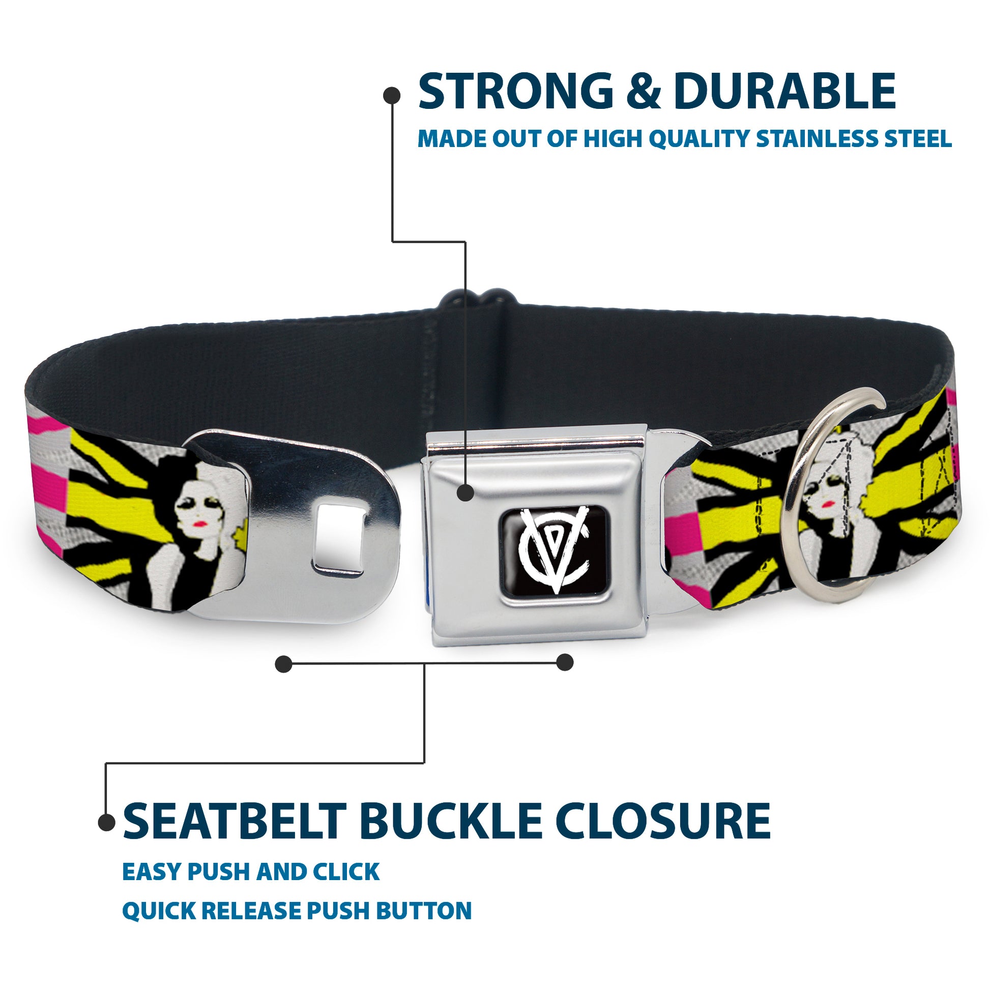 Cruella de Vil CDV Icon Black/White Seatbelt Buckle Collar - CRUELLA DE VIL Safety Pin/Cruell World Pose Union Jack Punk Rock Blocks Seatbelt Buckle Collars Disney