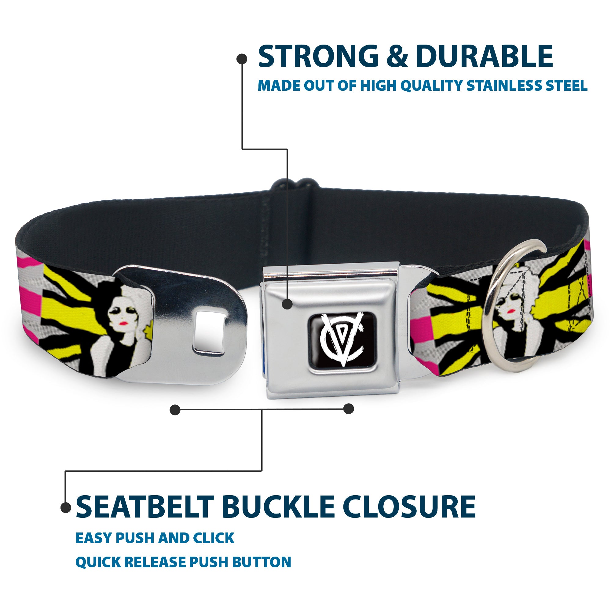 Cruella de Vil CDV Icon Black/White Seatbelt Buckle Collar - CRUELLA DE VIL Safety Pin/Cruell World Pose Union Jack Punk Rock Blocks Seatbelt Buckle Collars Disney