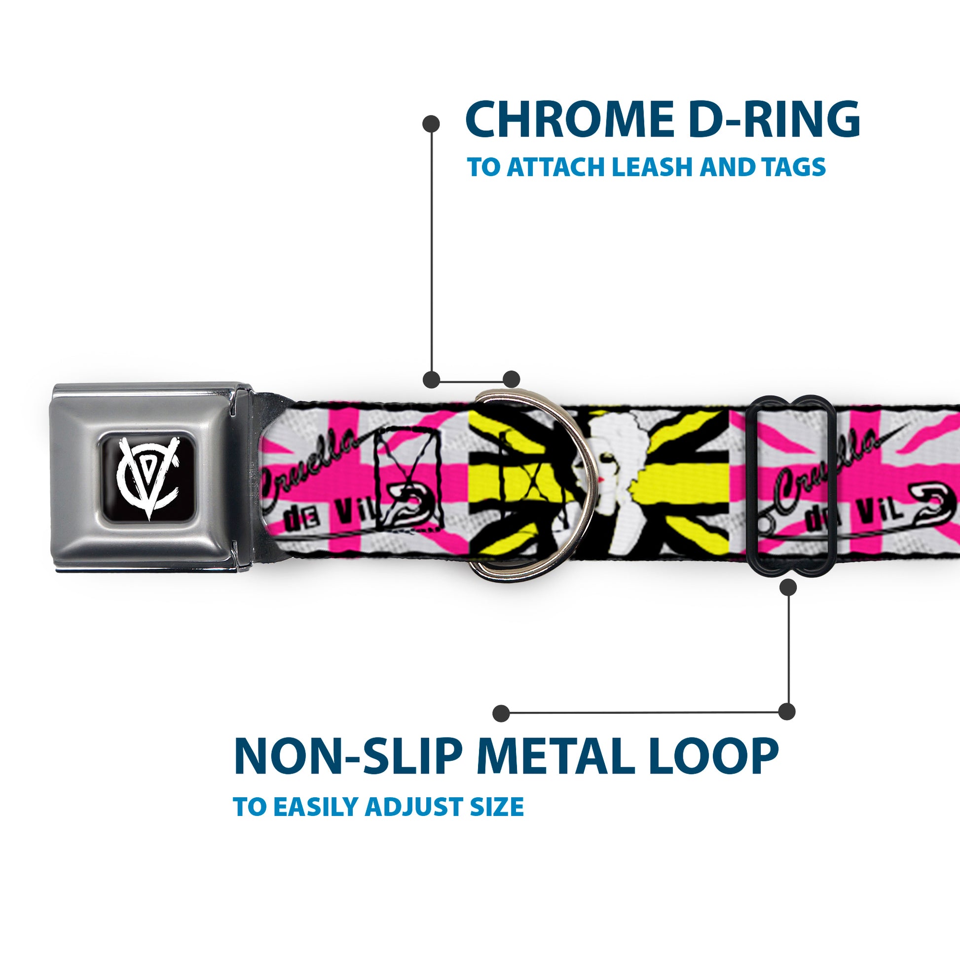 Cruella de Vil CDV Icon Black/White Seatbelt Buckle Collar - CRUELLA DE VIL Safety Pin/Cruell World Pose Union Jack Punk Rock Blocks Seatbelt Buckle Collars Disney