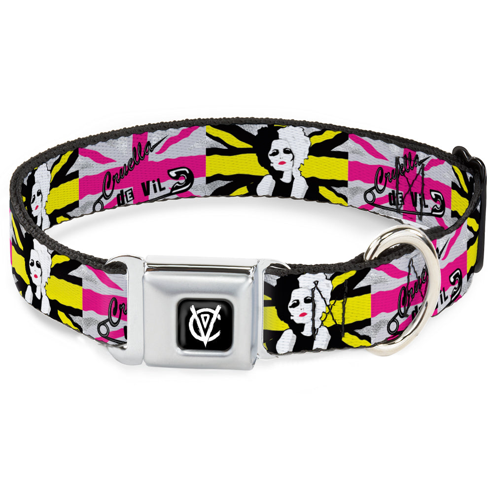 Cruella de Vil CDV Icon Black/White Seatbelt Buckle Collar - CRUELLA DE VIL Safety Pin/Cruell World Pose Union Jack Punk Rock Blocks Seatbelt Buckle Collars Disney