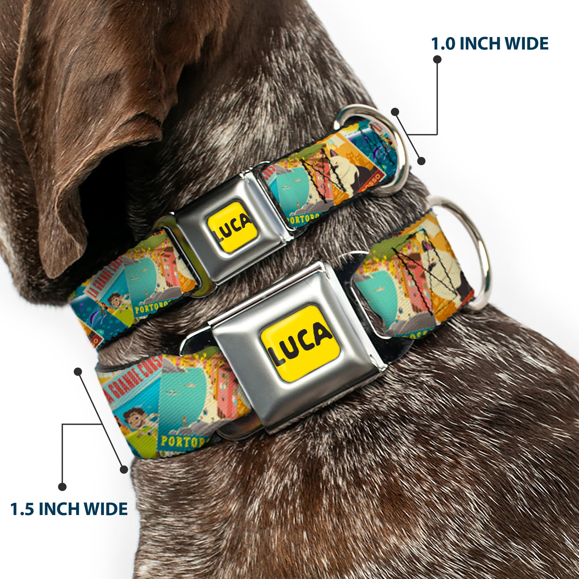 LUCA Logo Full Color Yellow/Black Seatbelt Buckle Collar - Luca The Piazza Poster Collage Stacked Seatbelt Buckle Collars Disney