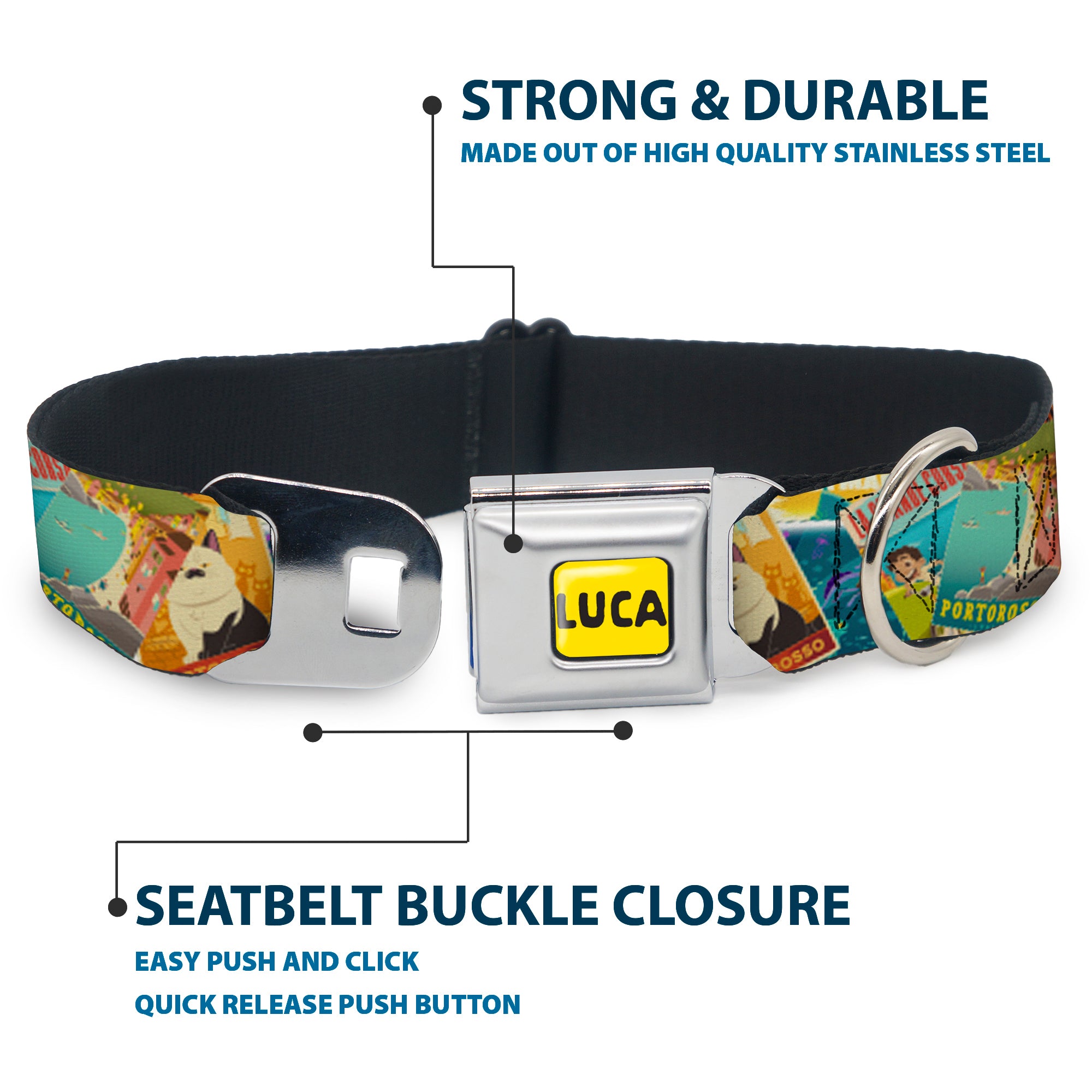 LUCA Logo Full Color Yellow/Black Seatbelt Buckle Collar - Luca The Piazza Poster Collage Stacked Seatbelt Buckle Collars Disney
